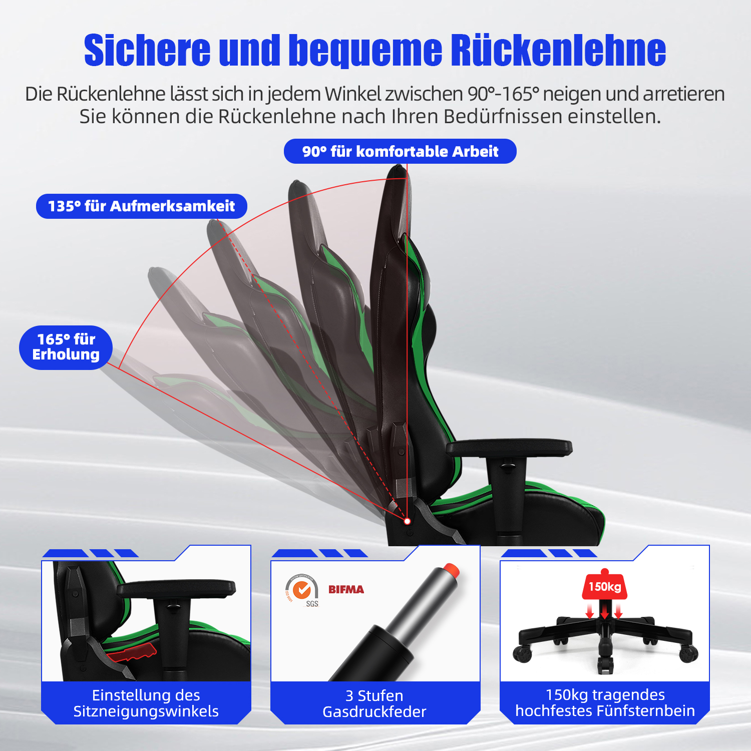 Gamingstuhl mit verstellbarer Rückenlehne (90-165 Grad) und 150kg Traglast.
