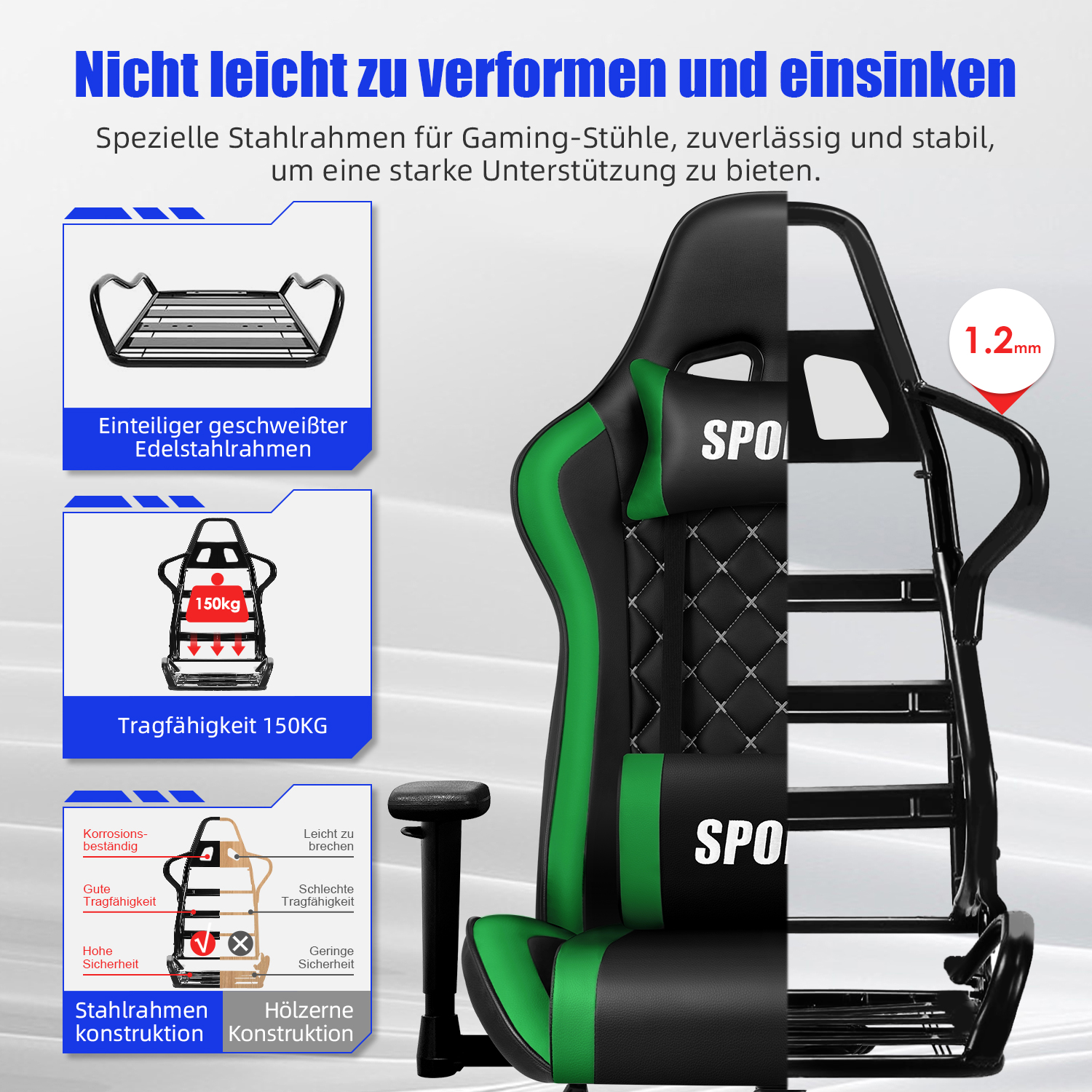 Gamingstuhl mit Stahlrahmen, 150kg Tragfähigkeit, Korrosionsbeständigkeit, 1.2mm Dicke.