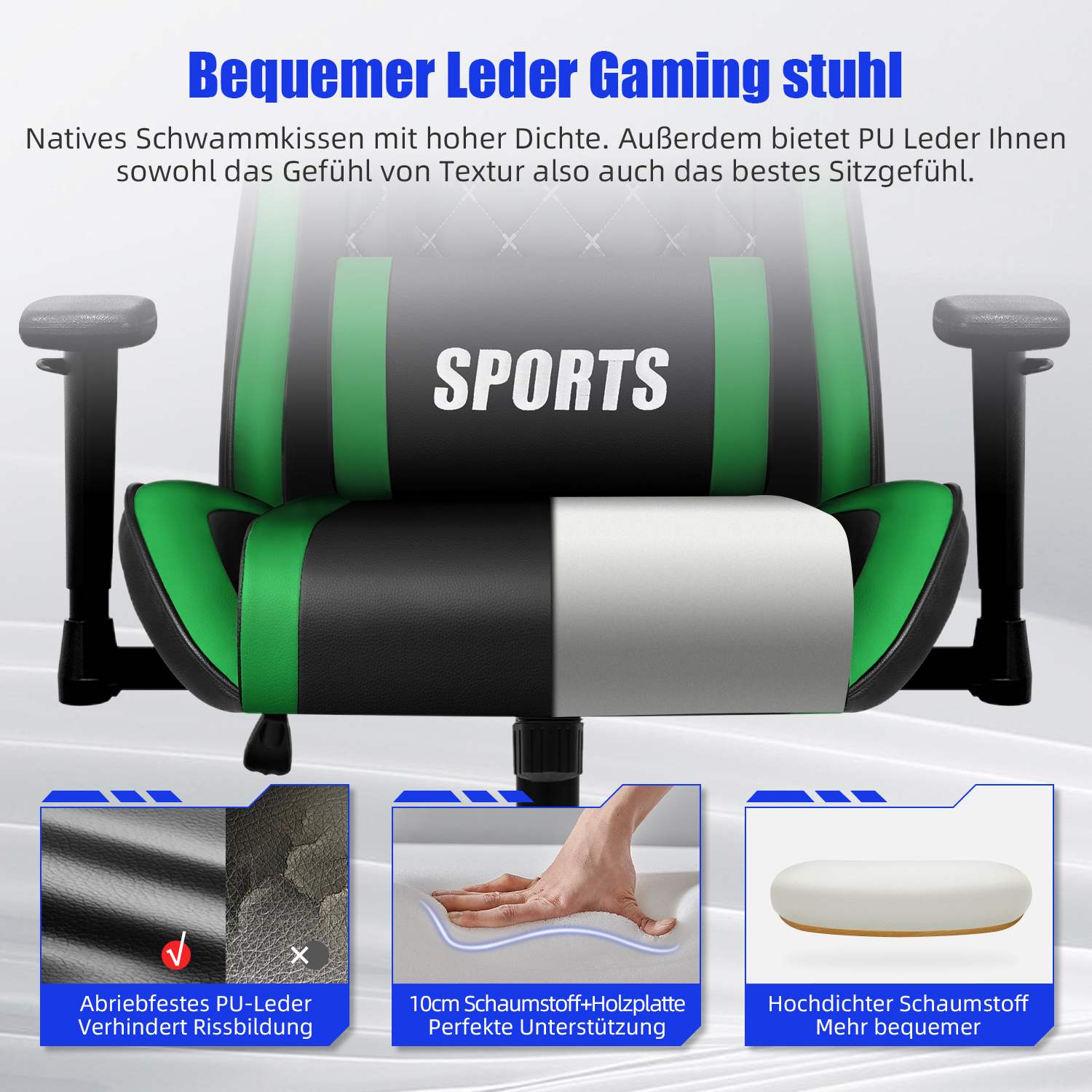 Schwarzer und grüner Gaming-Stuhl mit "SPORTS" Aufdruck. Details zeigen Leder und Schaumstoff.