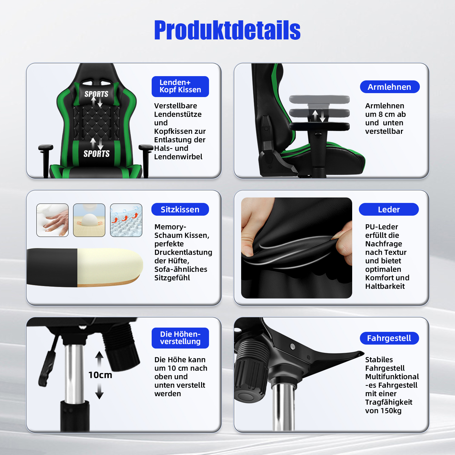 Produktübersicht mit Details zu Lendenkissen, Armlehnen, Sitzkissen, Leder und Fahrgestell.