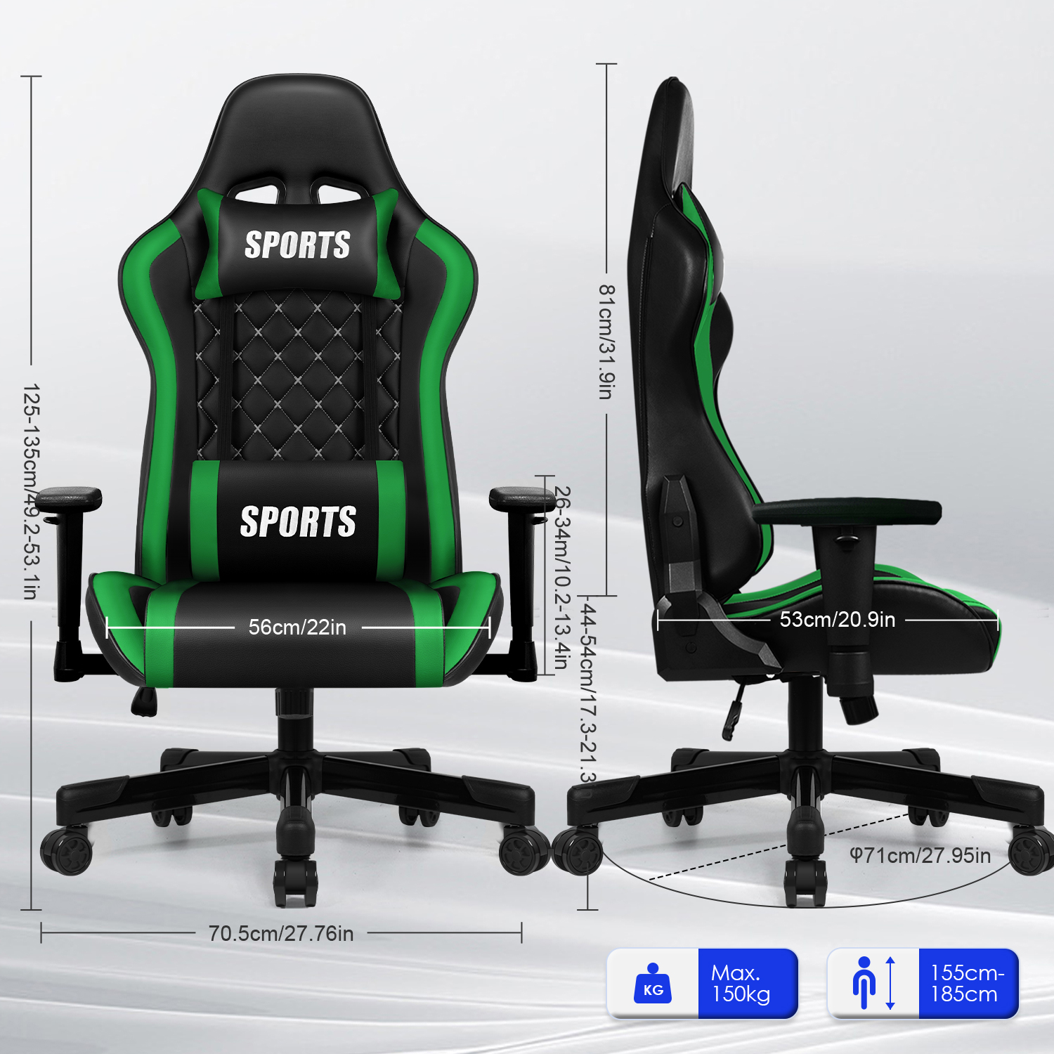 Schwarzer Gaming-Stuhl mit grünen Akzenten und der Aufschrift "SPORTS".