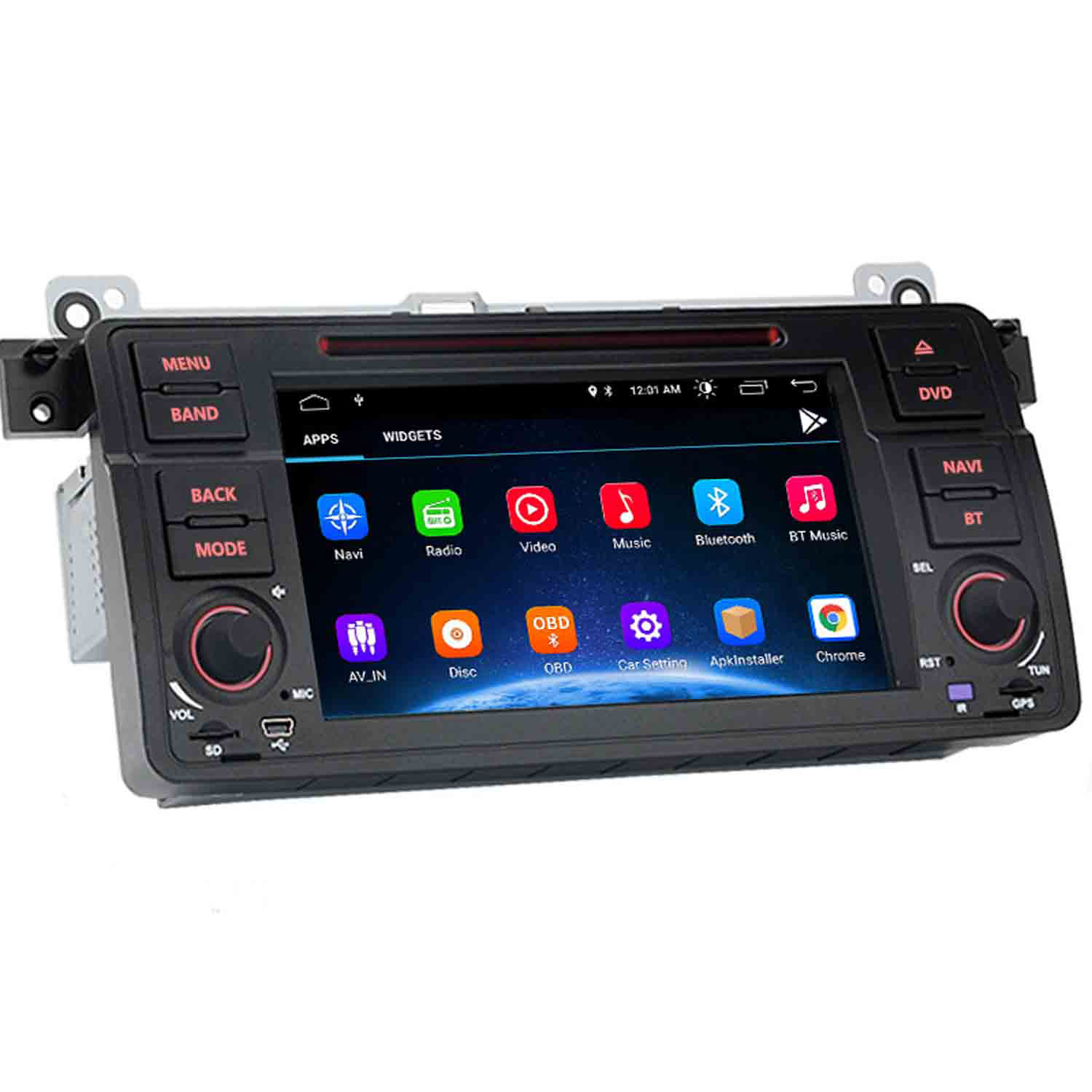 Auto-Infotainmentsystem mit Touchscreen, das App-Symbole wie Navi, Radio, Video, Musik, Bluetooth, Chrome anzeigt.