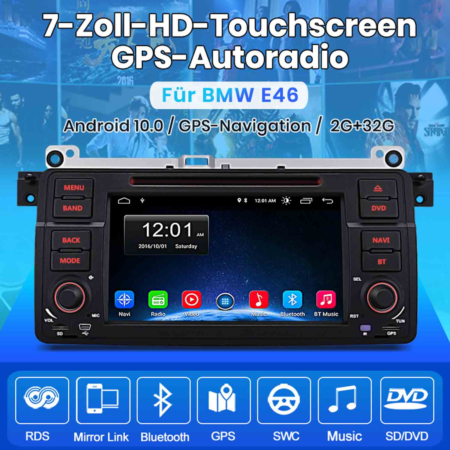 7-Zoll-HD-Touchscreen-Autoradio für BMW E46 mit Android 10.0 und GPS.