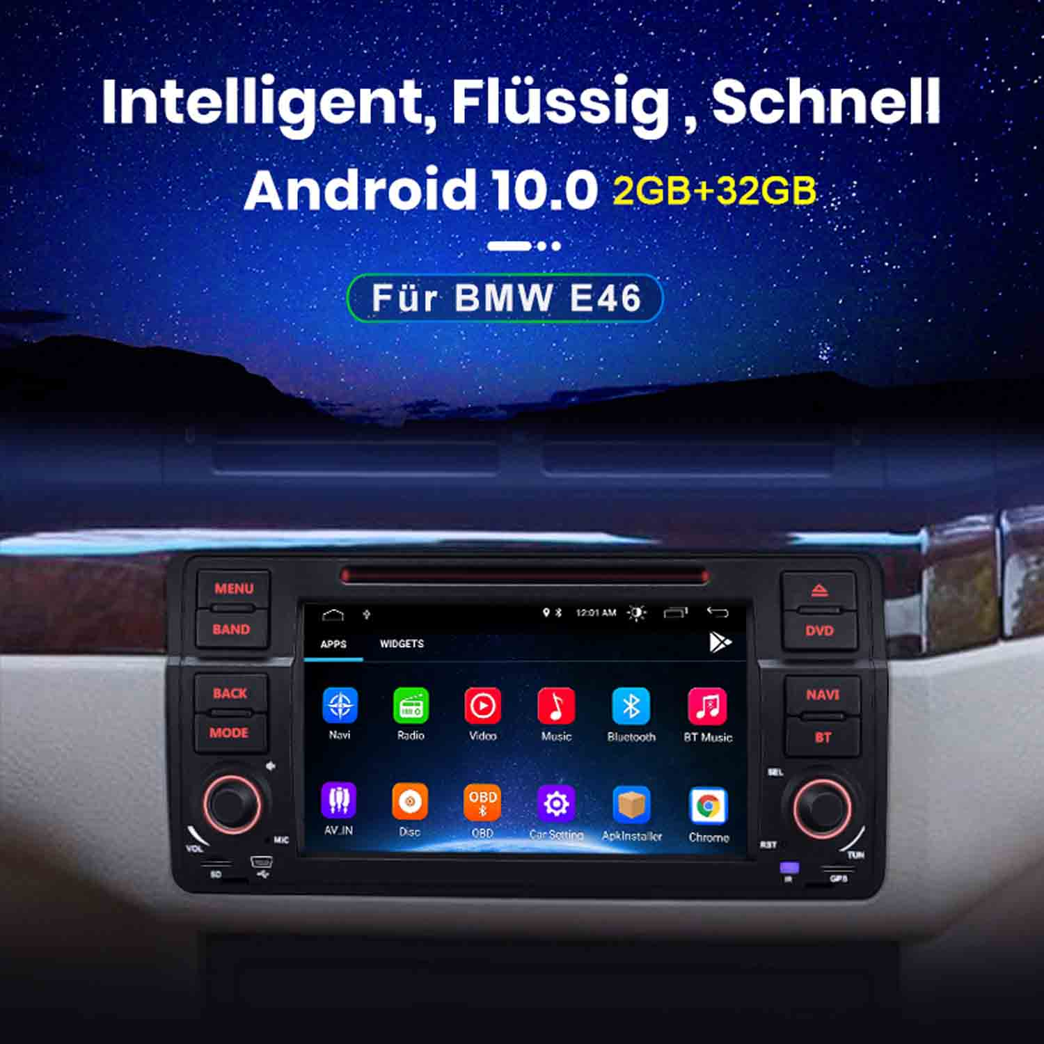 Ein Autoradio-Display mit Android 10.0, das für BMW E46 beworben wird.