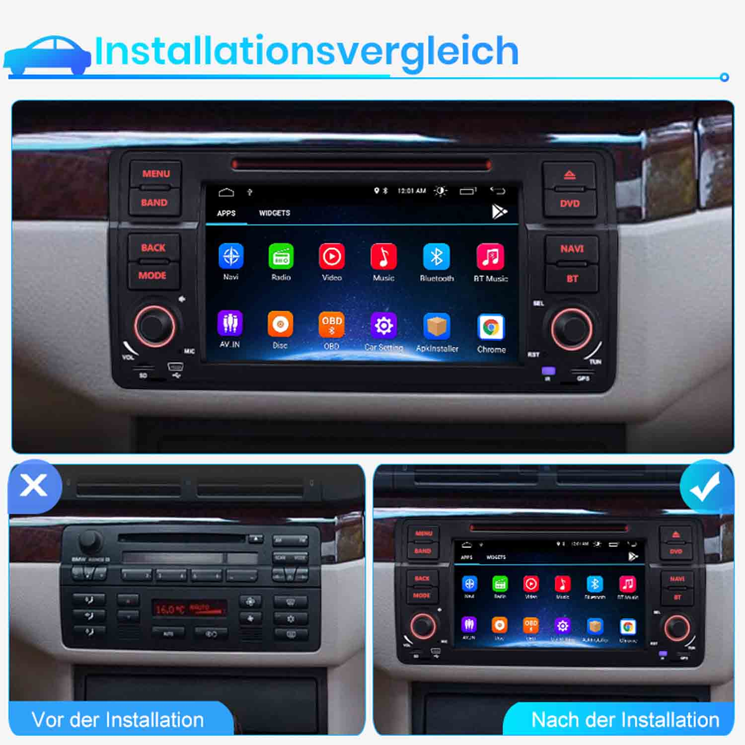 Vergleich: Auto-Infotainmentsystem vor und nach der Installation.