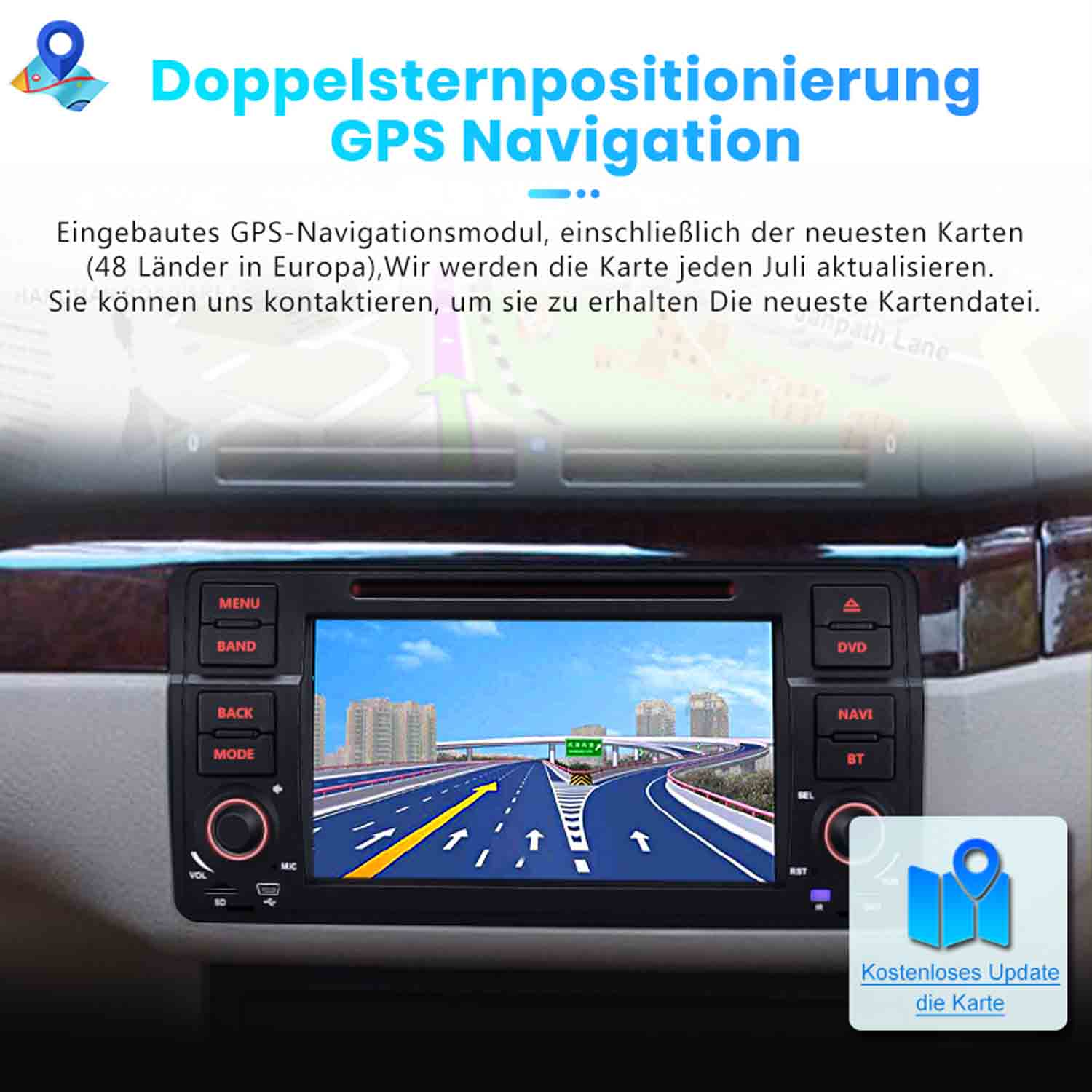 Ein Auto-Navigationssystem mit einer Karte und Straßenszenen.