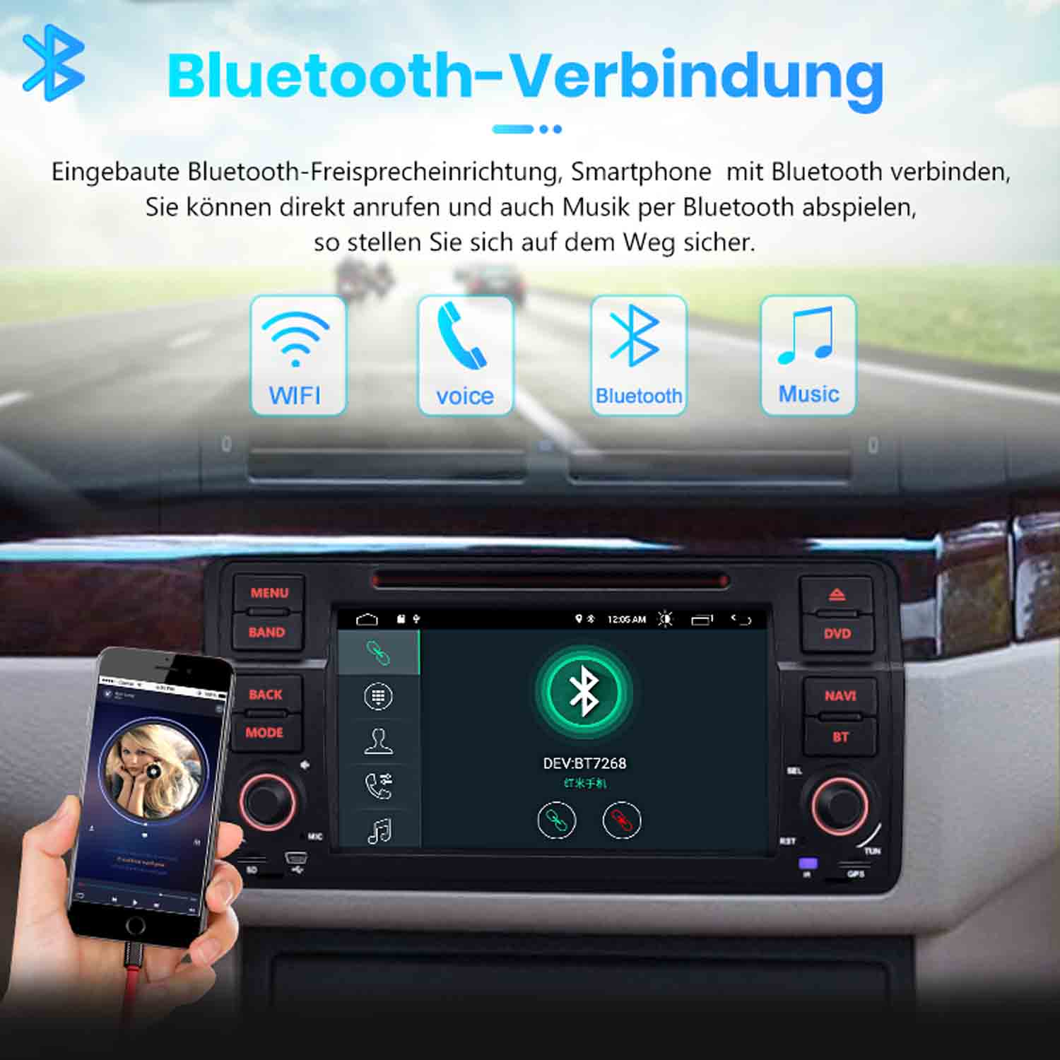 Ein Smartphone wird mit einem Auto-Infotainmentsystem verbunden, das Bluetooth, WIFI, Stimme und Musik unterstützt.