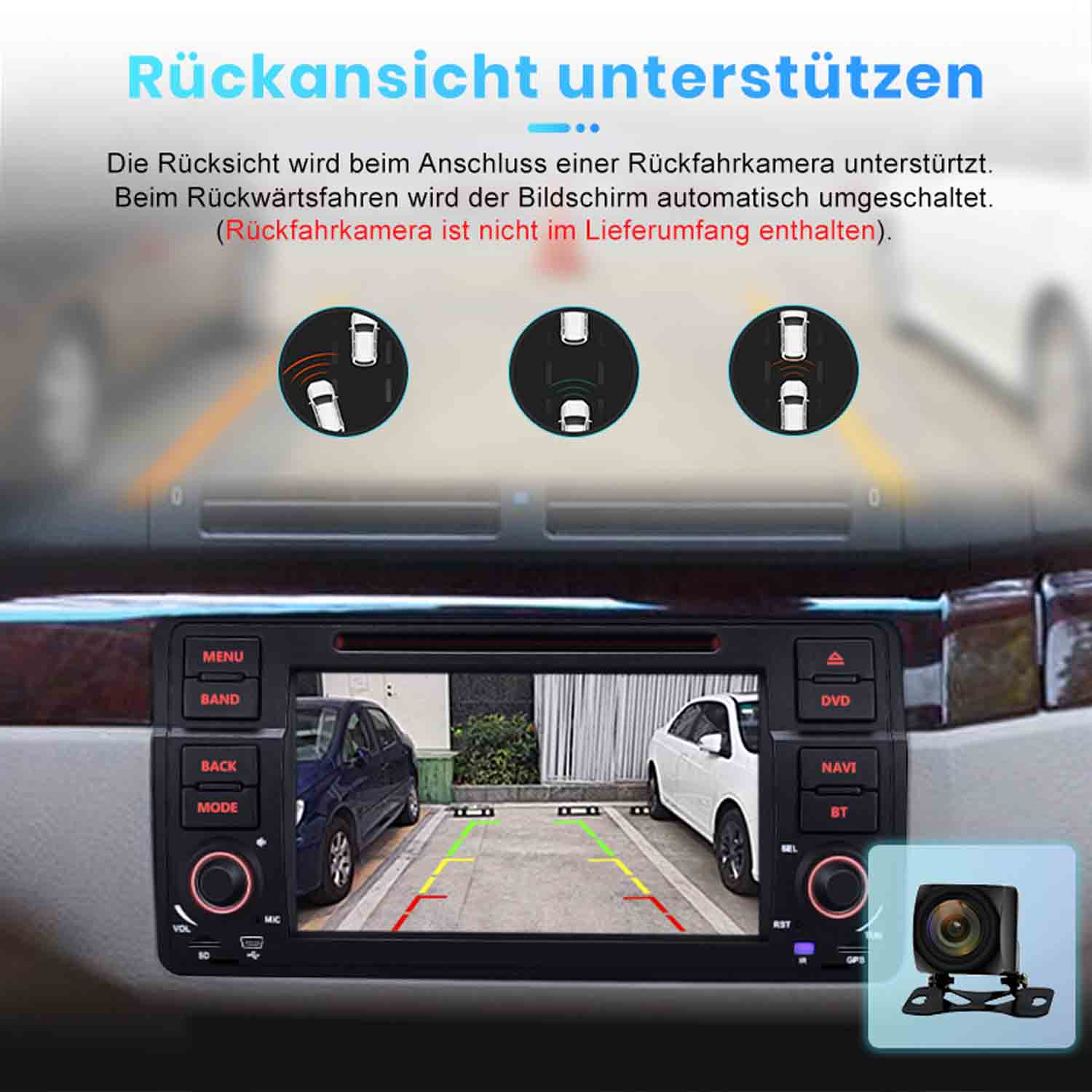 Auto-Rückfahrkamera-Anzeige auf dem Infotainment-Bildschirm mit Parklinien.