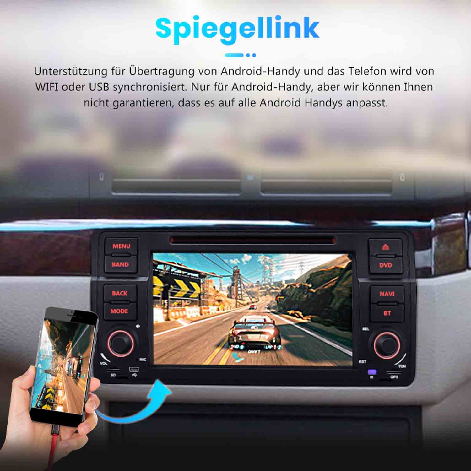 Ein Smartphone wird mit dem Autoradio verbunden, das ein Rennspiel anzeigt.