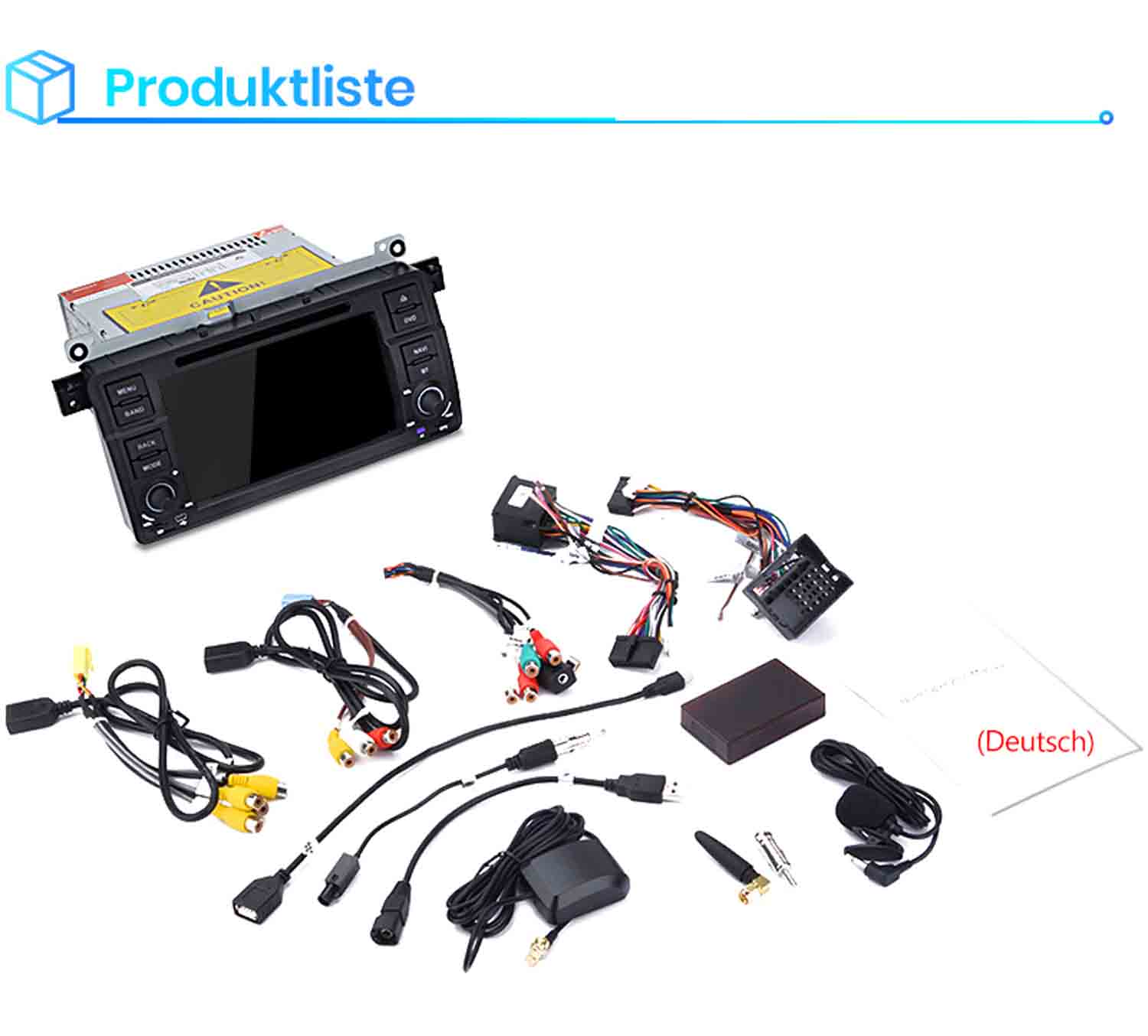 Autoradio mit Kabeln und Zubehör, "Produktliste" im oberen Bereich.