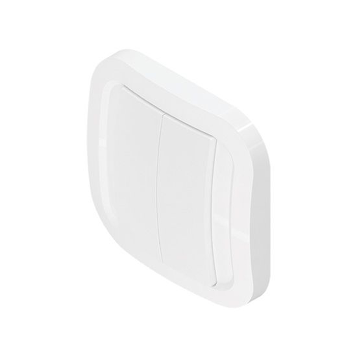 Un interruttore della luce bianco con due pulsanti, su sfondo bianco.