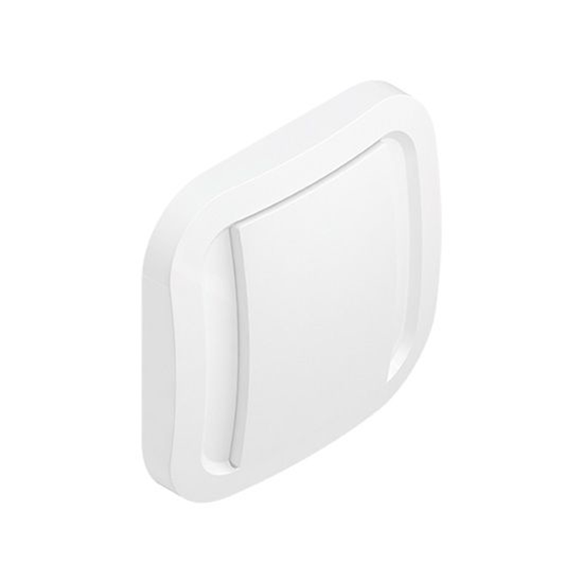 Un oggetto quadrato bianco e arrotondato con una leggera rientranza al centro.