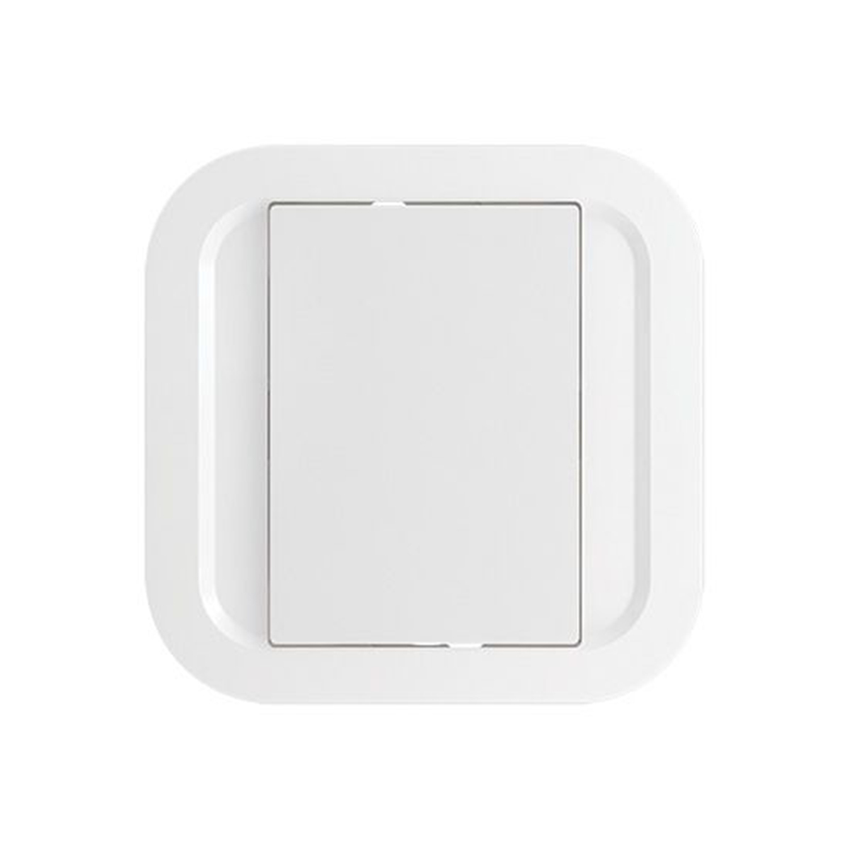 Un interruttore della luce bianco con angoli arrotondati su sfondo bianco.