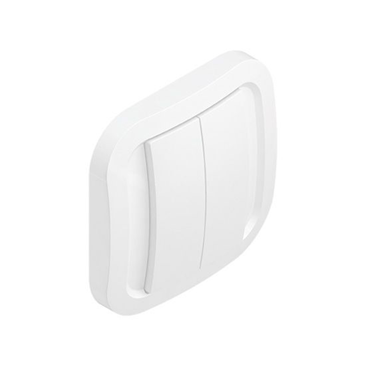 Un interruttore doppio bianco con angoli arrotondati.