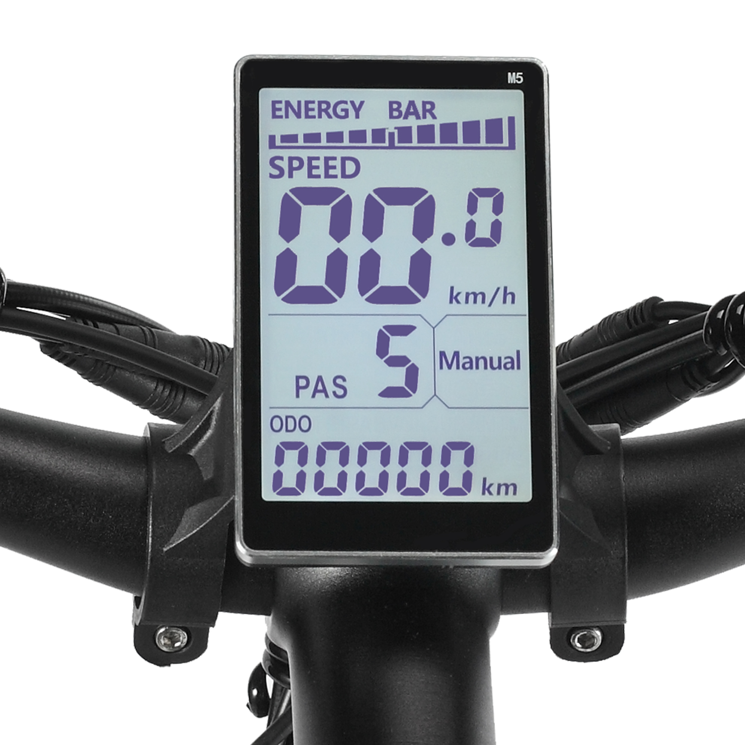 Wyświetlacz roweru elektrycznego: energia, prędkość 00.0 km/h, PAS 5 Manual, ODO 00000 km.