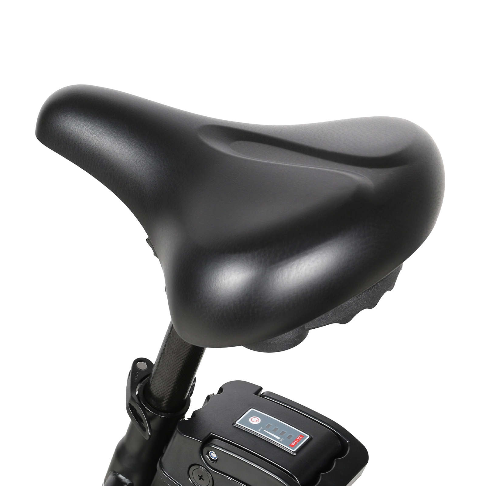 Czarno-białe siodełko rowerowe ze wskaźnikiem baterii.