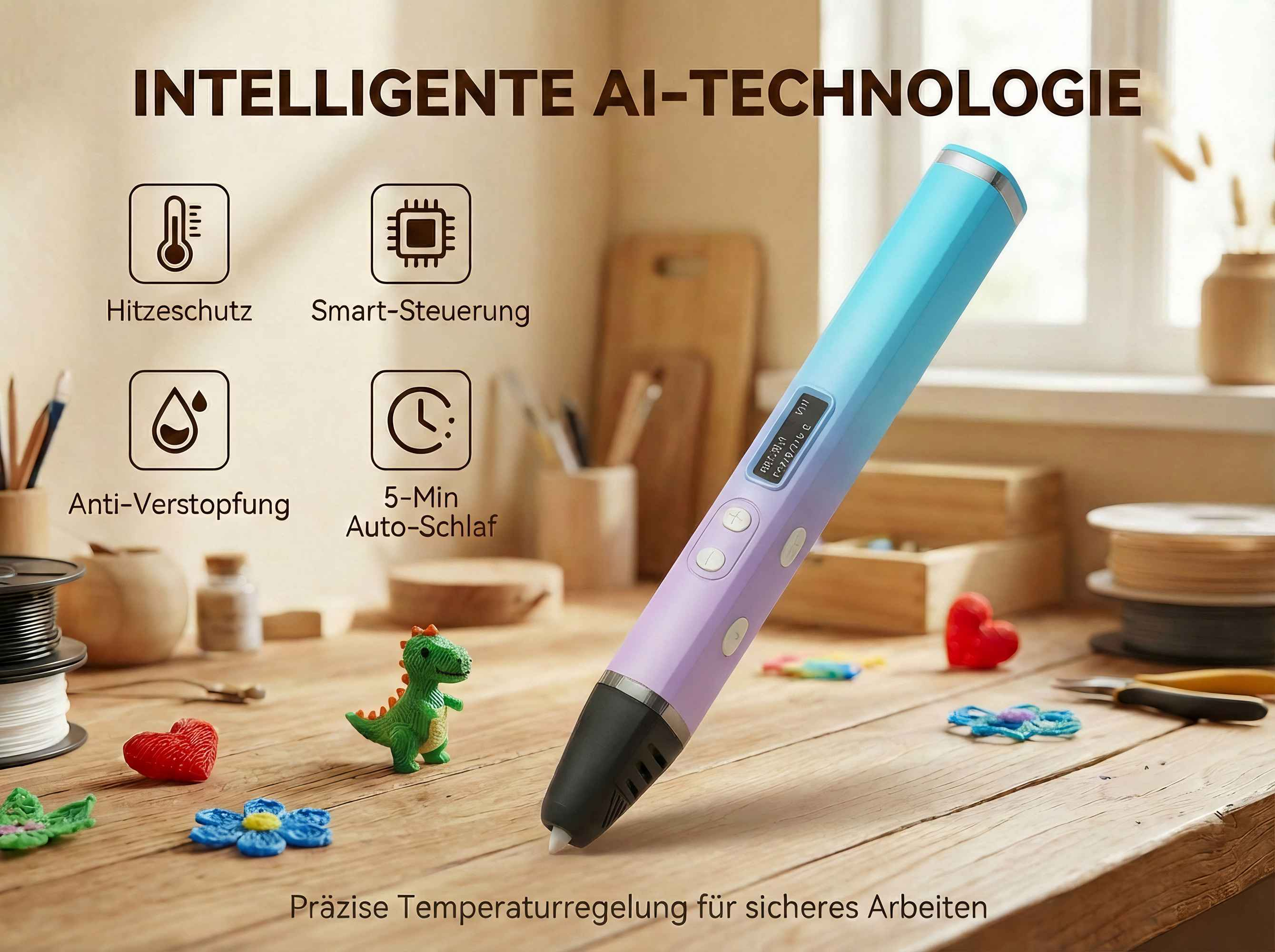 Ein 3D-Stift in Blau und Lila liegt auf einem Holztisch neben kleinen Figuren.