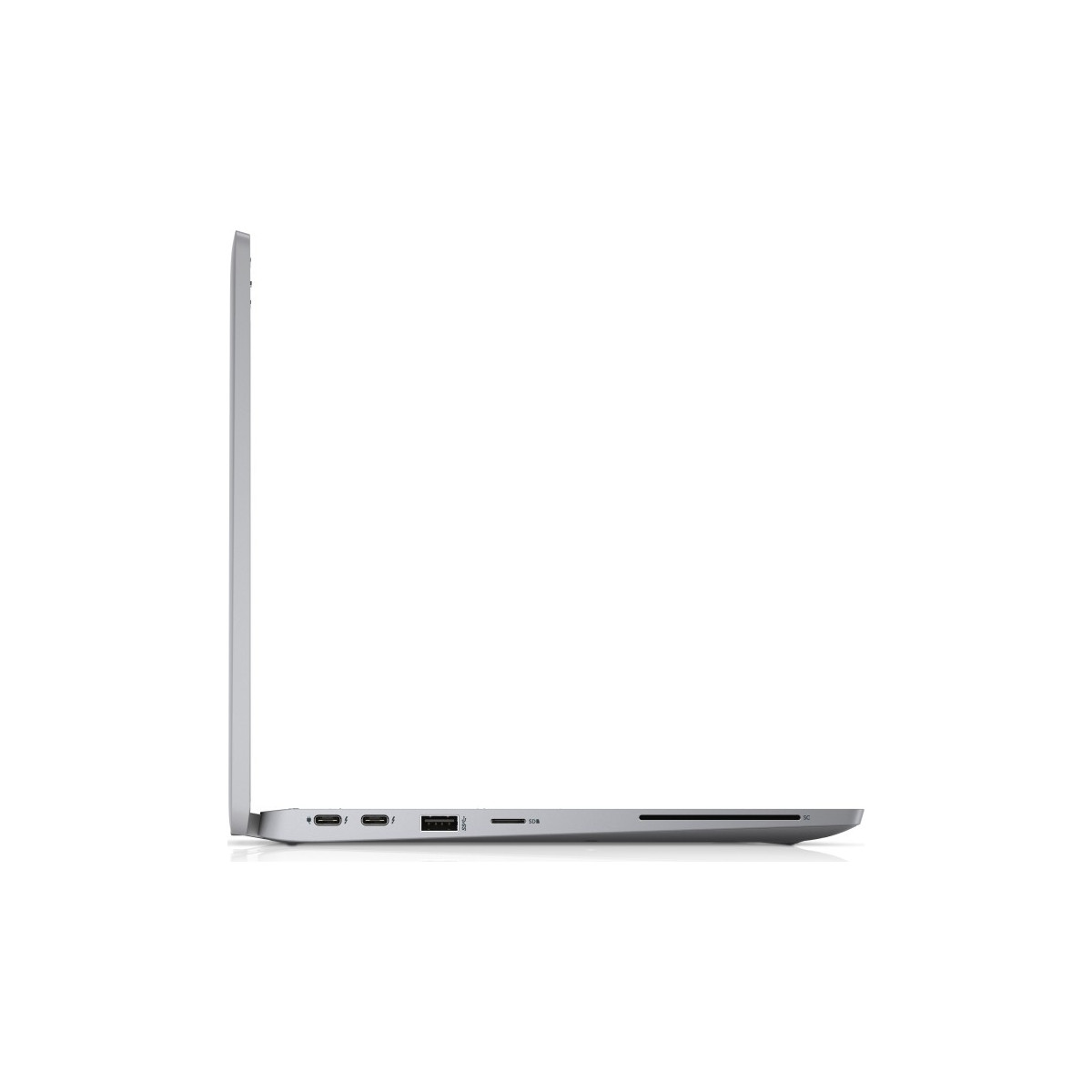 Silberner Laptop von der Seite, mit Anschlüssen wie USB-C, USB-A und SD-Kartenleser.