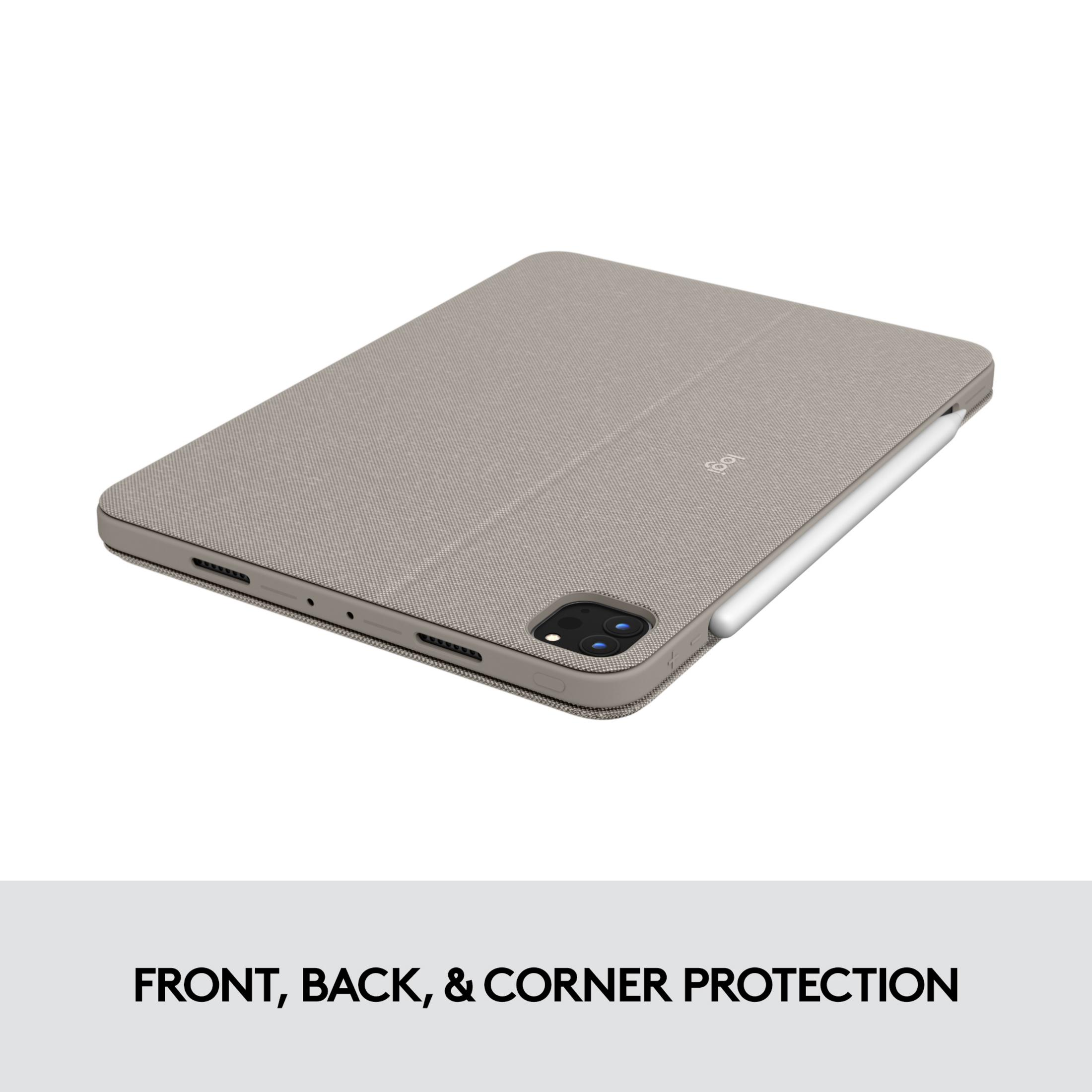 Custodia grigia per tablet con stilo, sfondo bianco.