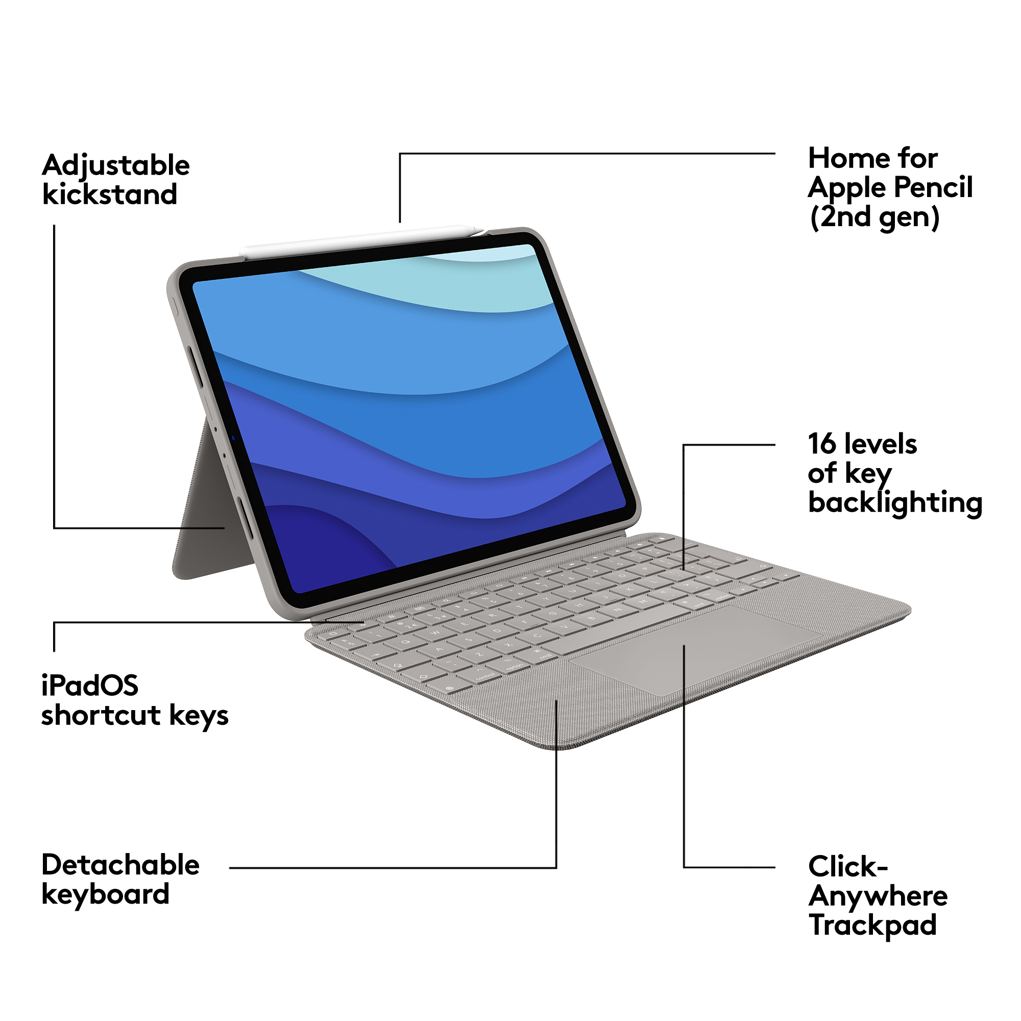 Tablet grigio con tastiera, supporto per matita, cavalletto regolabile e trackpad.