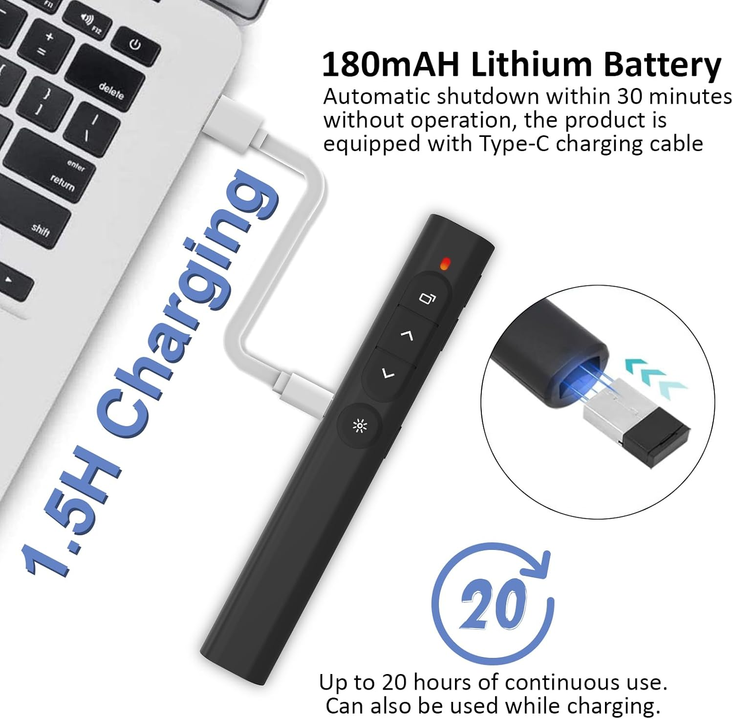 Ein schwarzer Laser-Präsentationsstift wird über USB-C aufgeladen. Beschriftung zeigt 1,5 Std. Ladezeit.