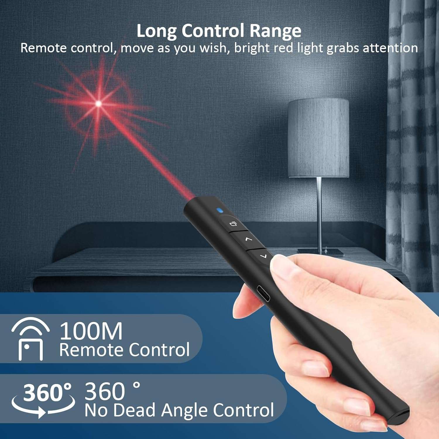 Hand hält schwarzen Laserpointer mit rotem Laserstrahl. 100M Reichweite.