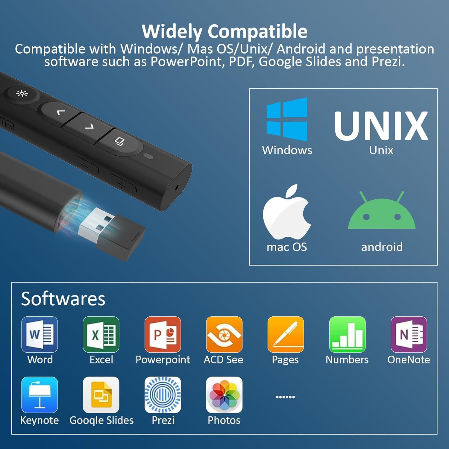 Präsentationsklicker mit USB und Logos von Windows, Mac, Android, Unix und Software.