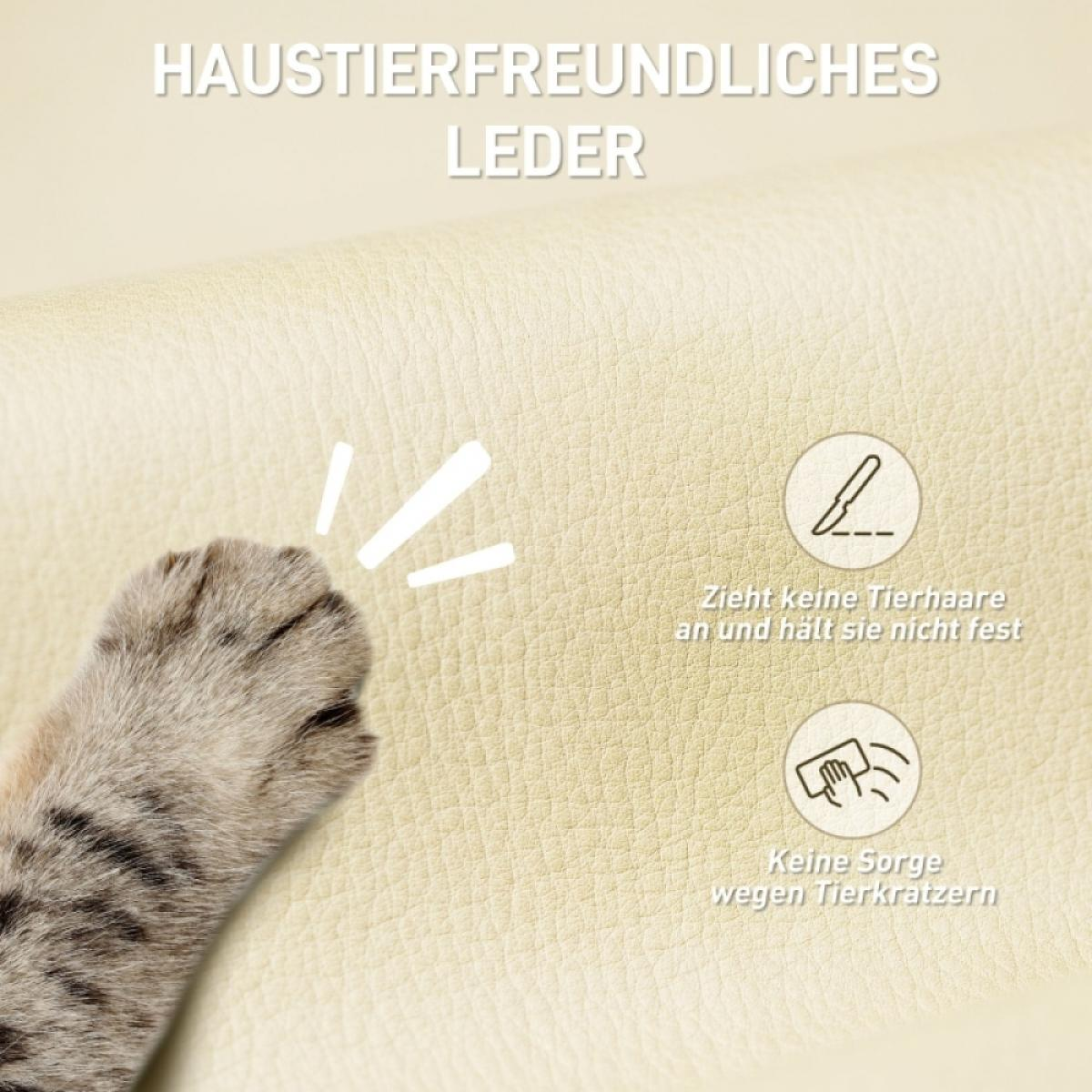 Ein Katzenpfote berührt helles Leder. Beschriftung: Tierfreundliches Leder.