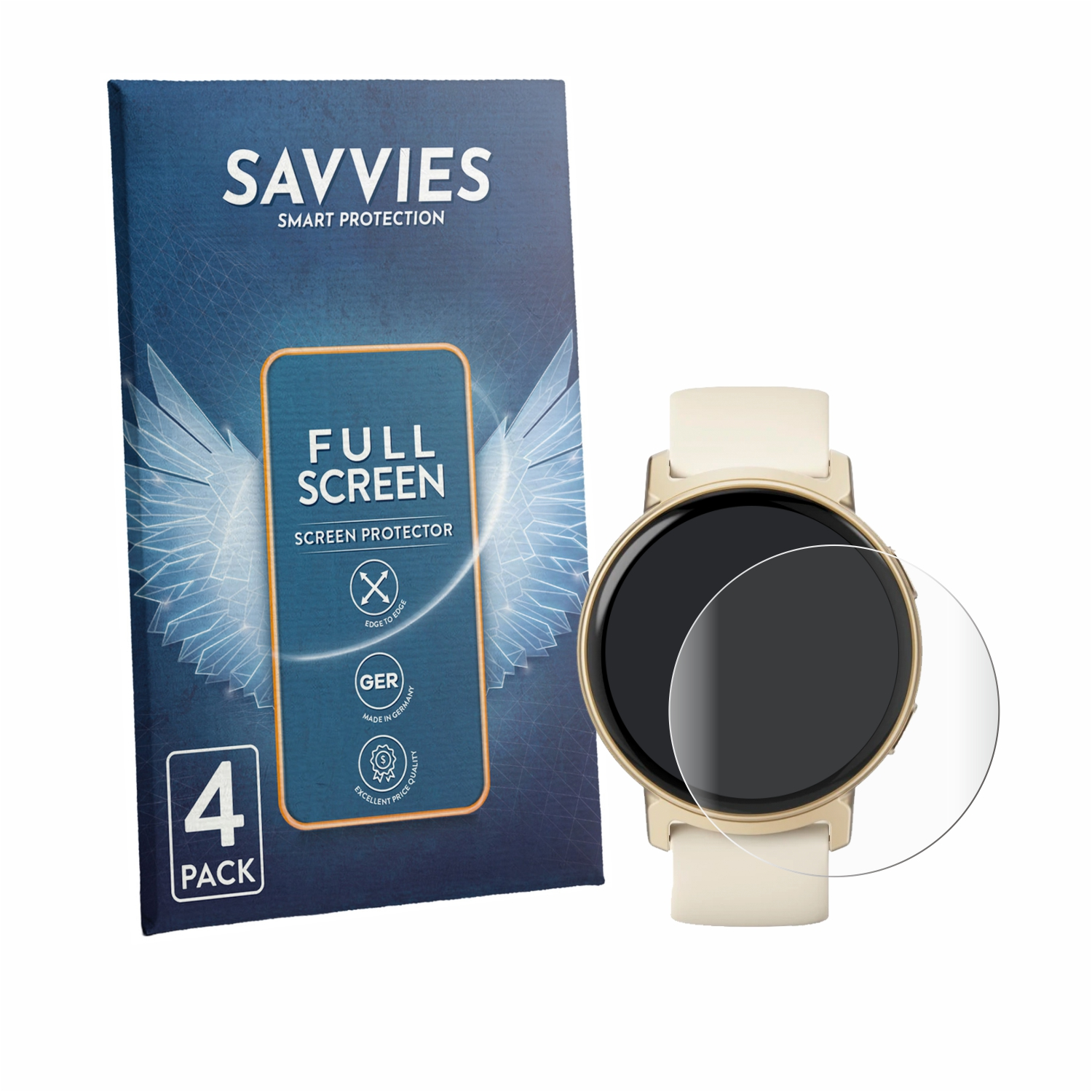 Verpackung für Savvies Displayschutzfolien neben einer goldenen Smartwatch.