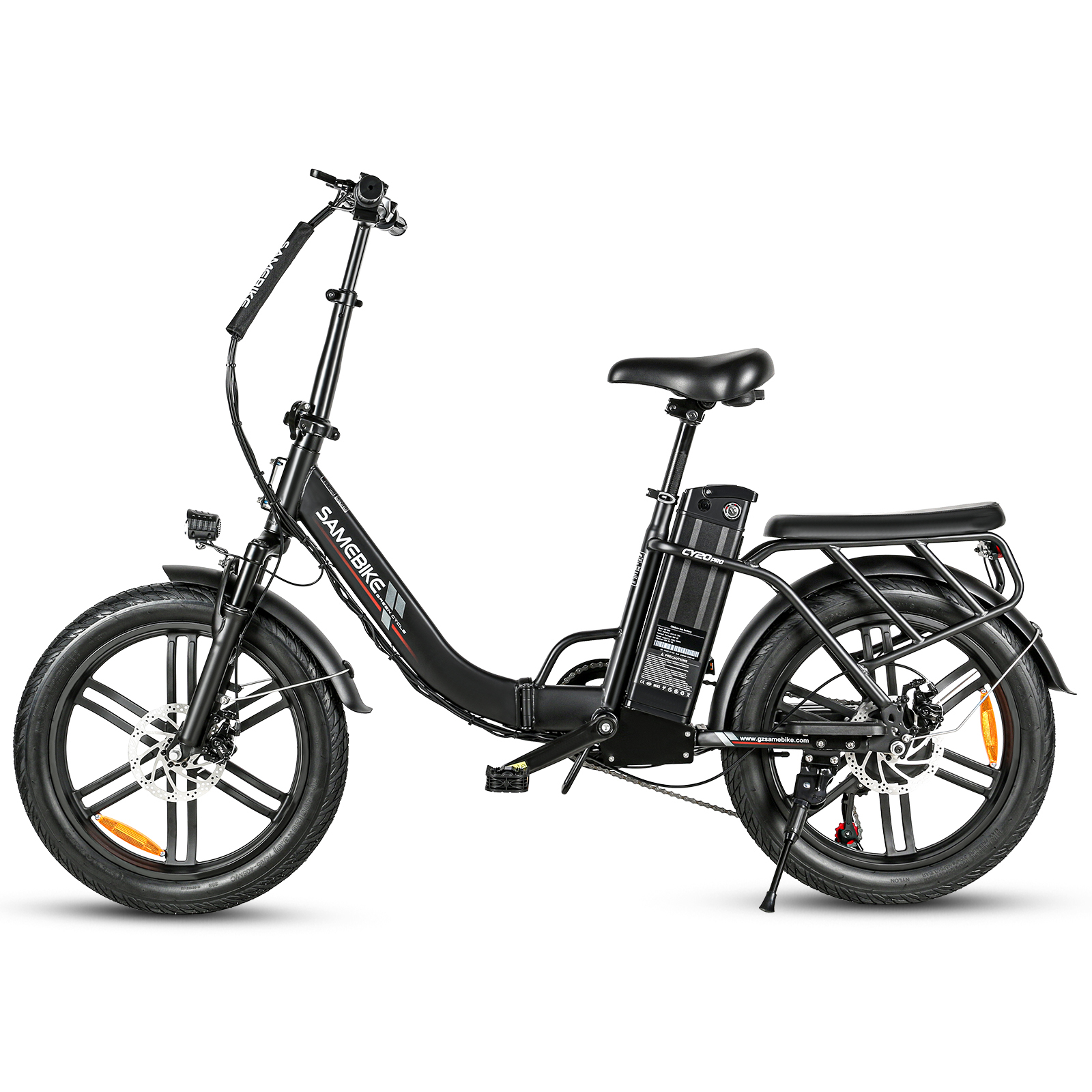 Czarny składany rower elektryczny z szerokimi oponami, bagażnikiem i baterią.