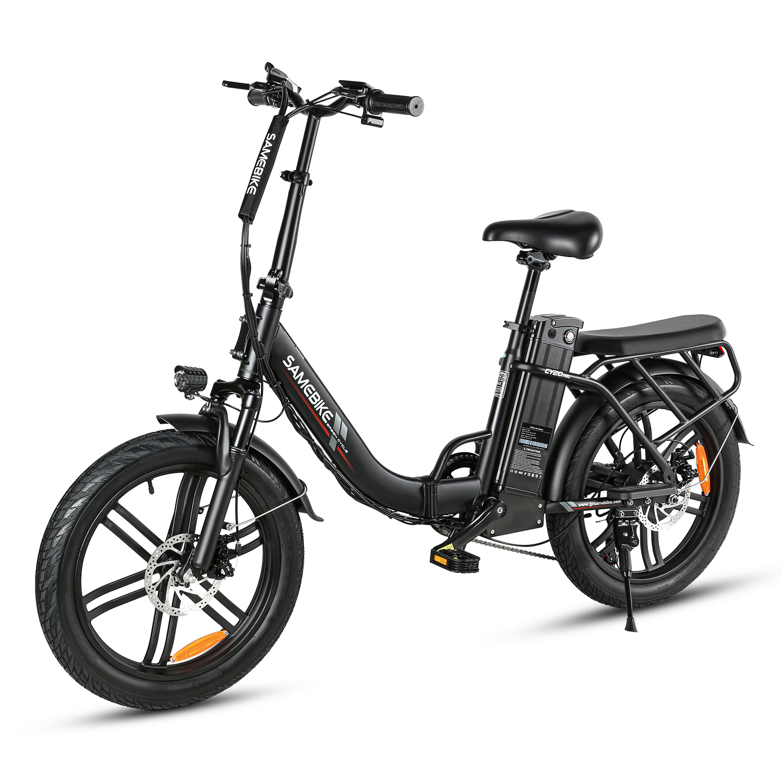 Czarny składany rower elektryczny z przednim światłem, hamulcami tarczowymi i bagażnikiem.