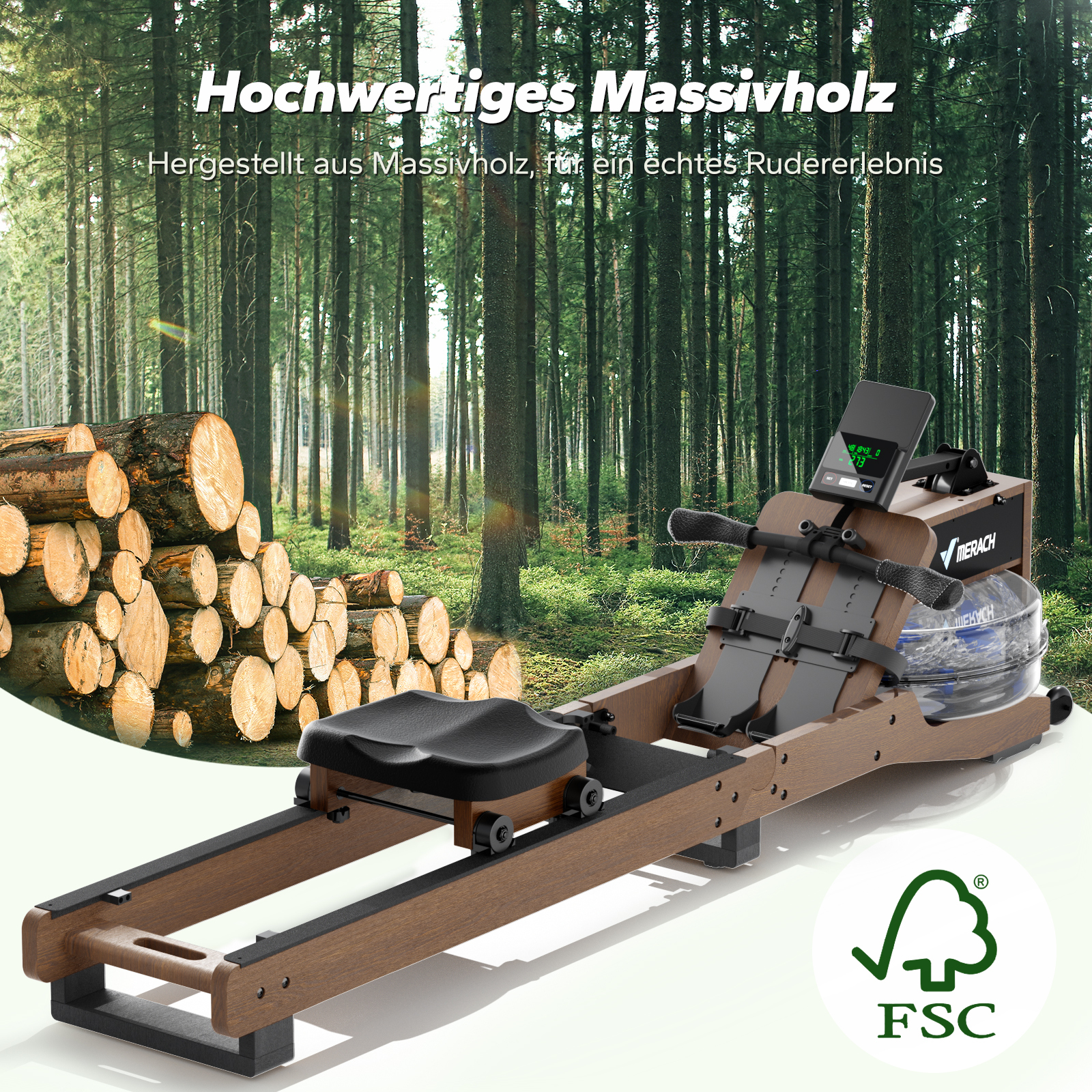 Ein Rudergerät aus Holz steht vor einem Wald mit Holzstämmen. FSC-Logo.