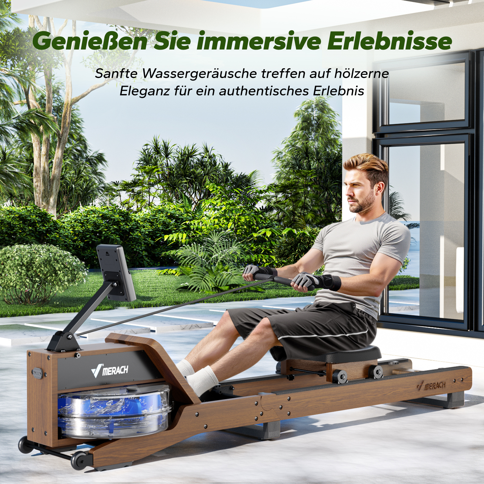 Mann auf Rudergerät im Freien, mit Grünflächen im Hintergrund.