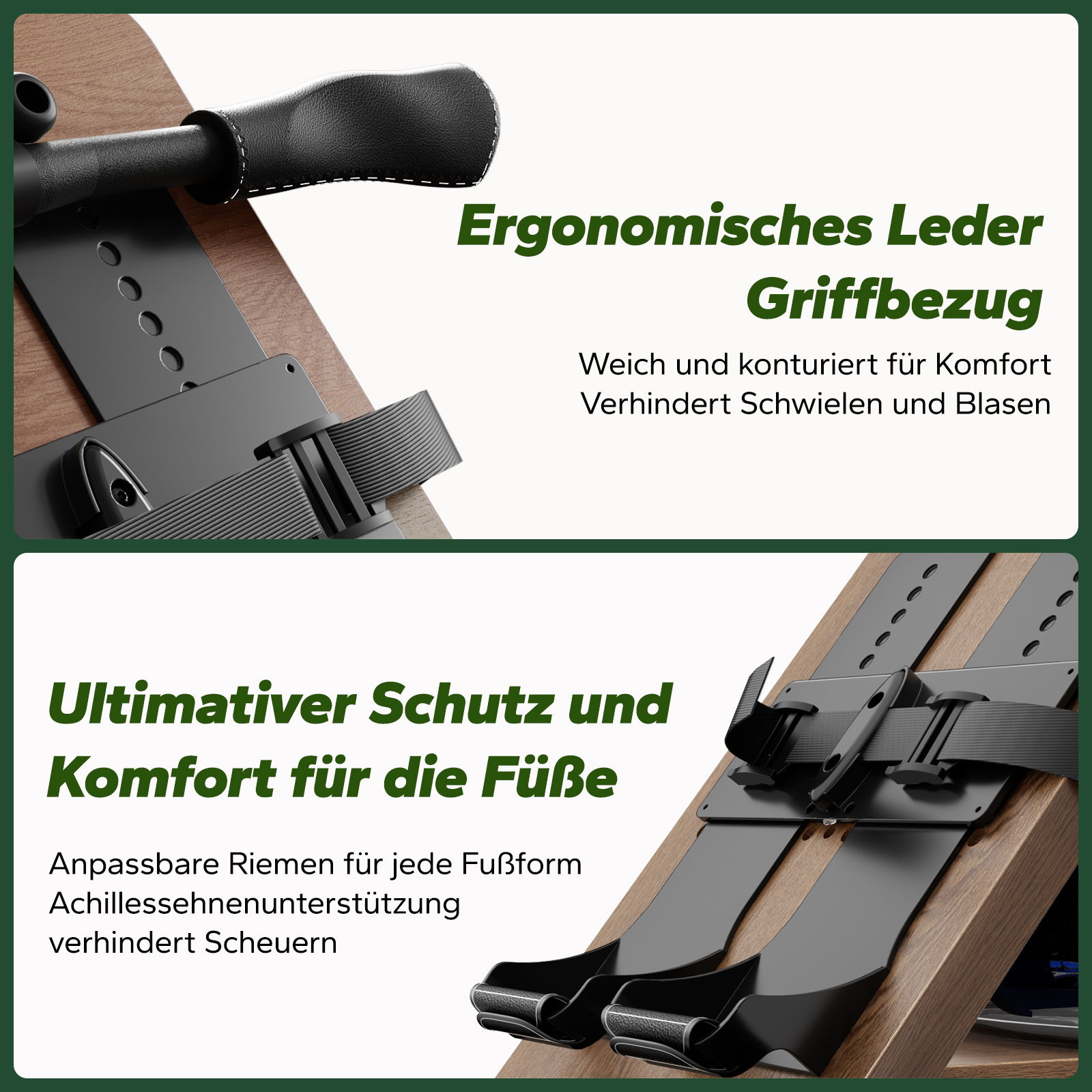 Ergonomischer Ledergriff und Fußschutz mit anpassbaren Riemen.