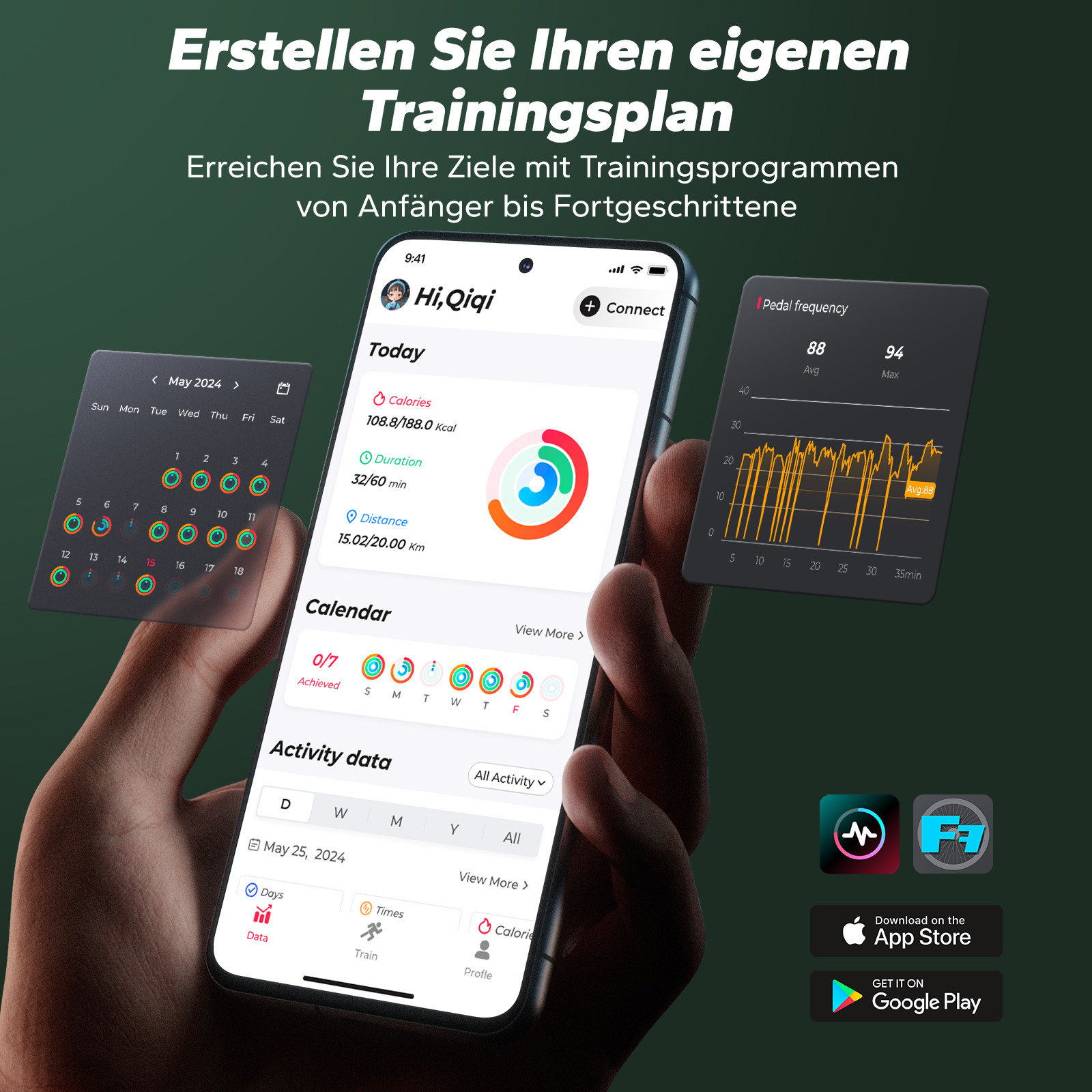 Hand hält Smartphone mit Trainings-App, Kalender und Pedal-Frequenz-Diagramm.
