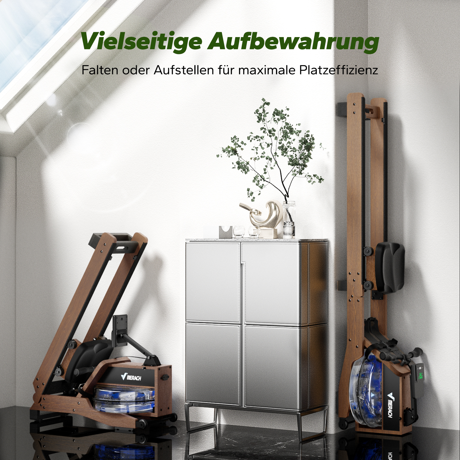Zwei Holz-Rudergeräte stehen neben einem silbernen Schrank mit einer Pflanze.