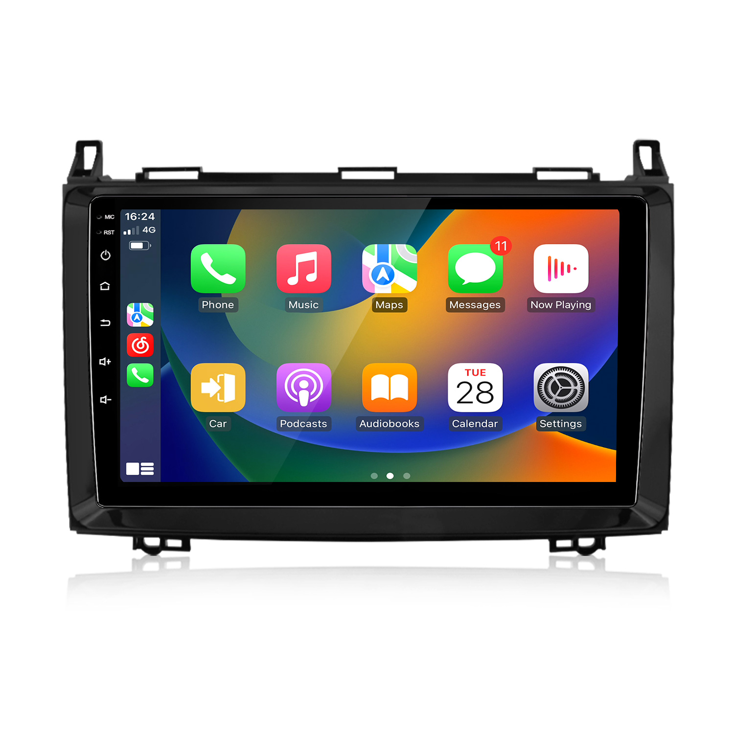 Ein Auto-Infotainment-System zeigt App-Symbole wie Telefon, Musik und Karten.