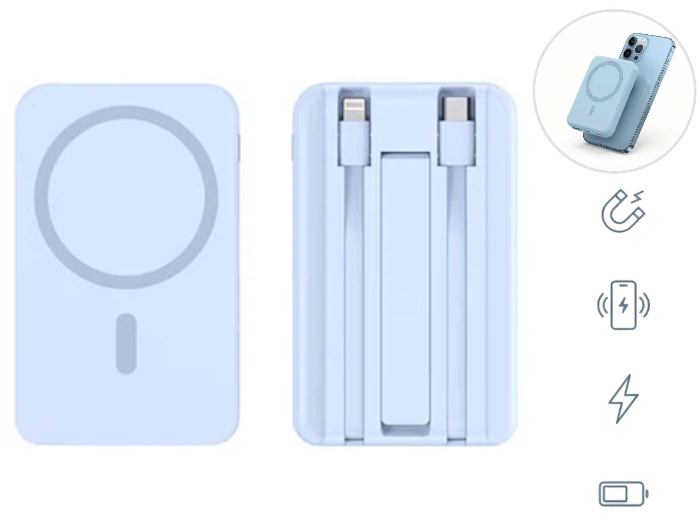 Ein hellblaues Powerbank-Set mit Magnetfunktion und Kabeln.