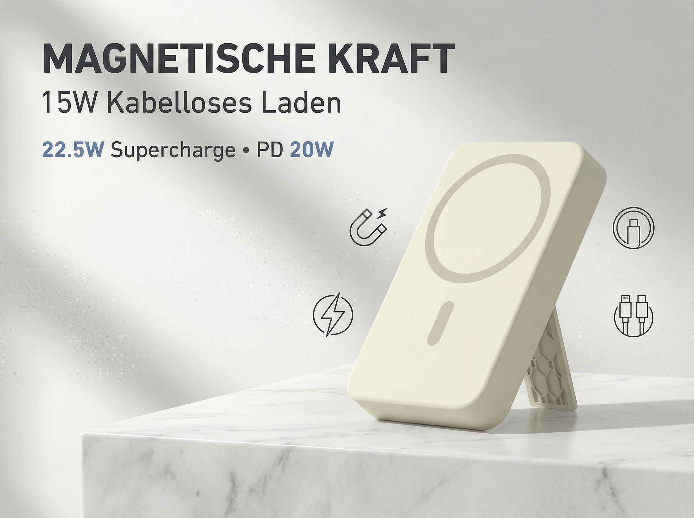 Beigefarbene kabellose Ladestation mit Ständer, Magnetkraft, 15W.