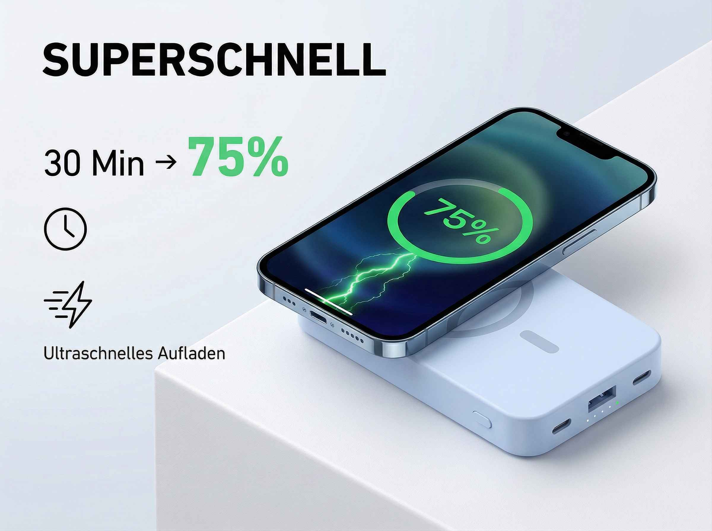 Ein Smartphone mit 75% Ladung auf einem blauen Ladegerät.