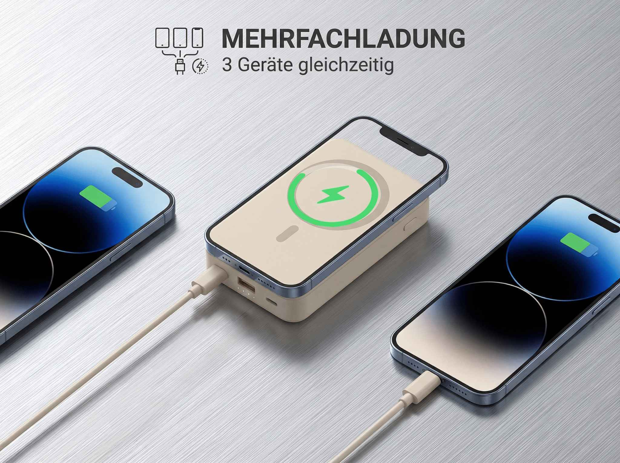 Drei iPhones werden gleichzeitig geladen, eine beige Ladestation in der Mitte.