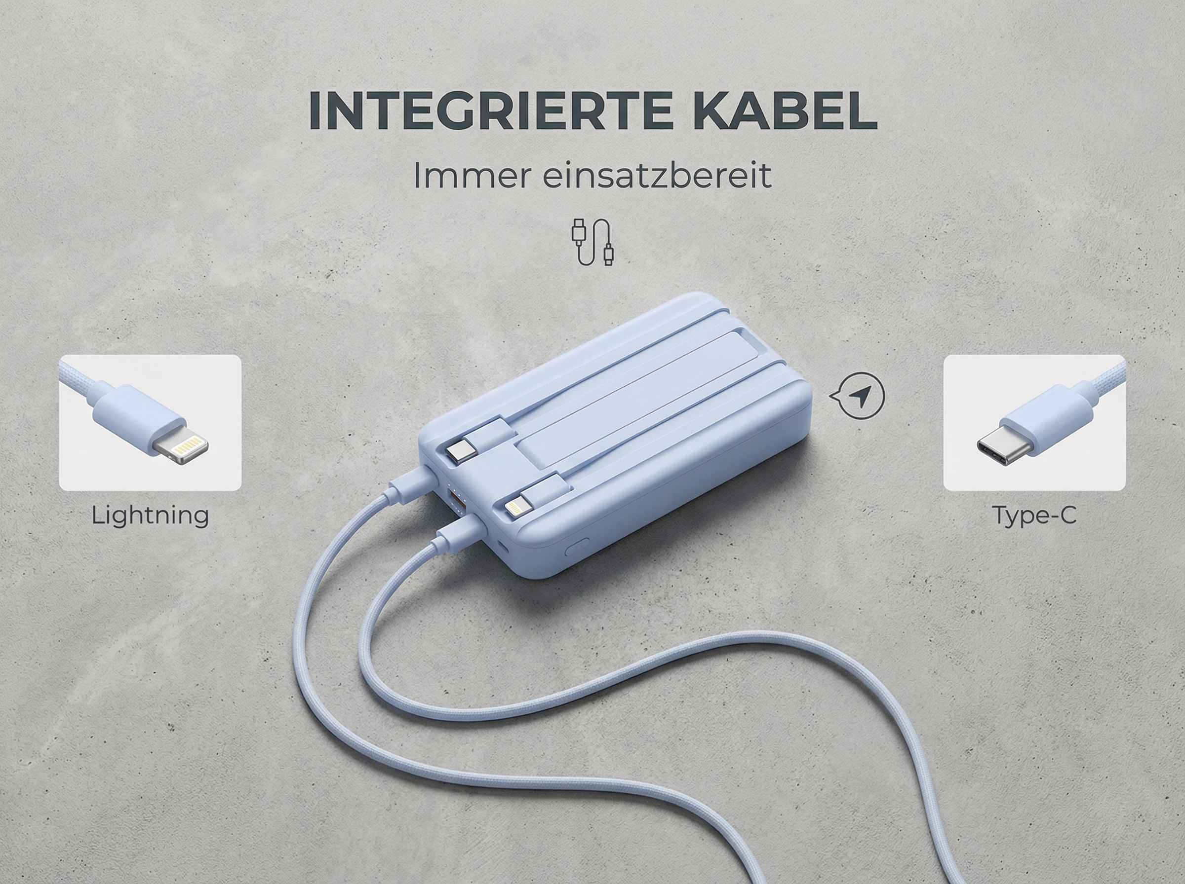Ein hellblaues Powerbank-Gerät mit angeschlossenen Lightning- und USB-C-Kabeln.