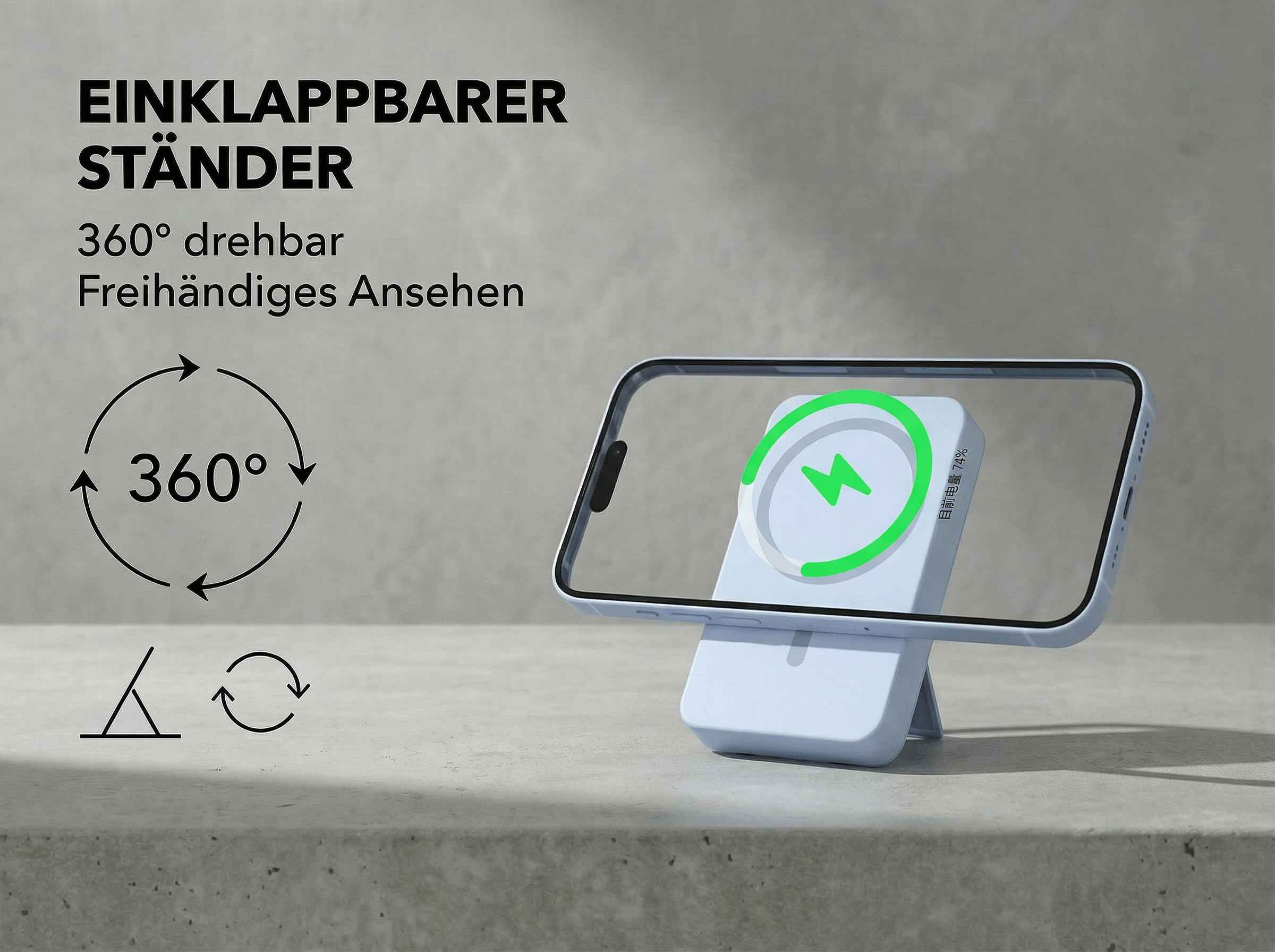 Ein hellblaues Handy mit Ladeanzeige steht auf einem Ständer auf Beton.