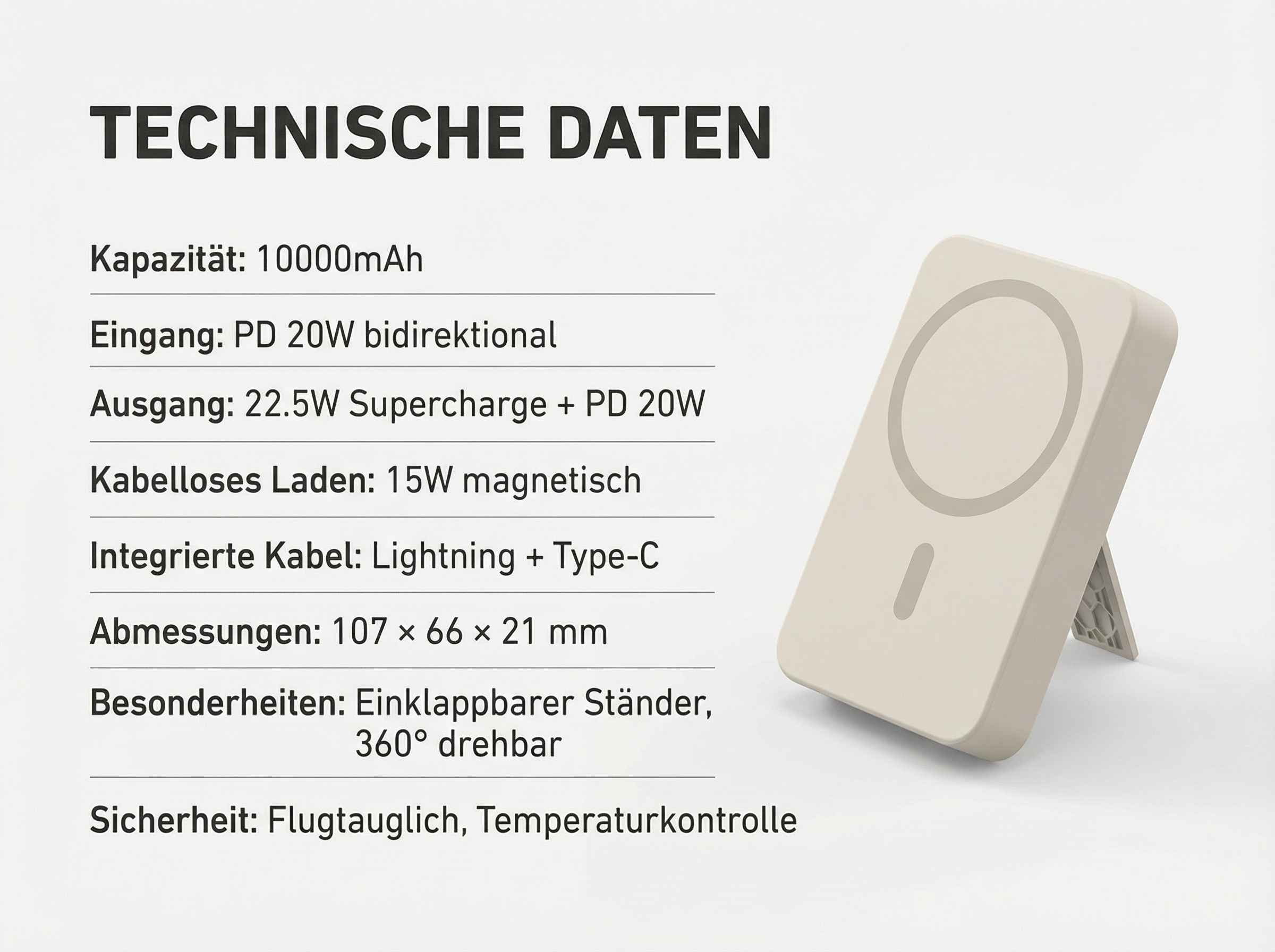 Technische Daten: 10000mAh, PD 20W, 22.5W Supercharge, 15W magnetisch, integrierte Kabel.