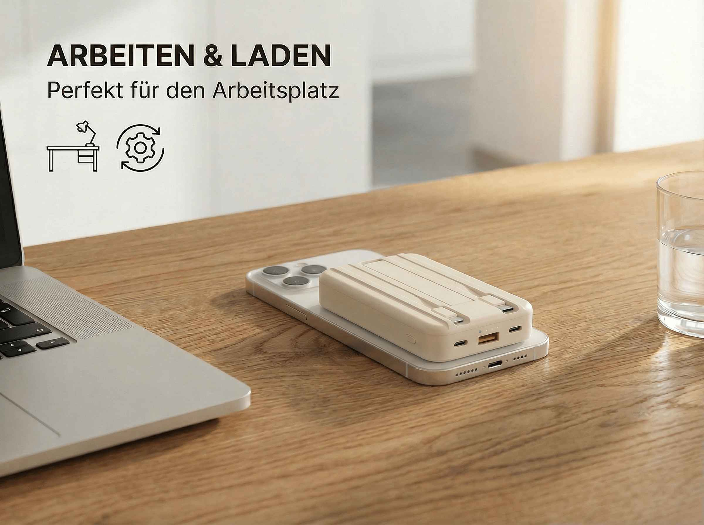 Ein Laptop, ein Handy und eine Powerbank liegen auf einem Holzschreibtisch neben einem Glas Wasser.