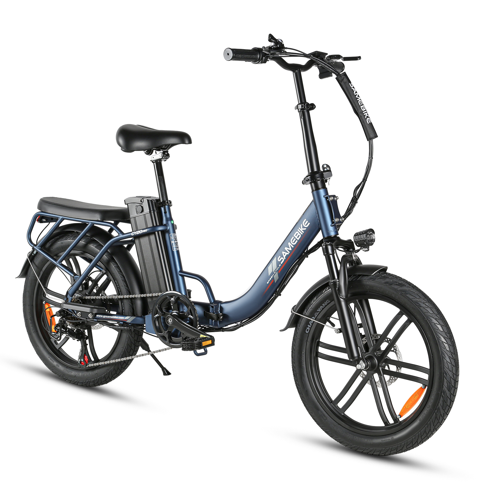 Ciemnoniebieski składany rower elektryczny z czarnymi oponami i kołami.
