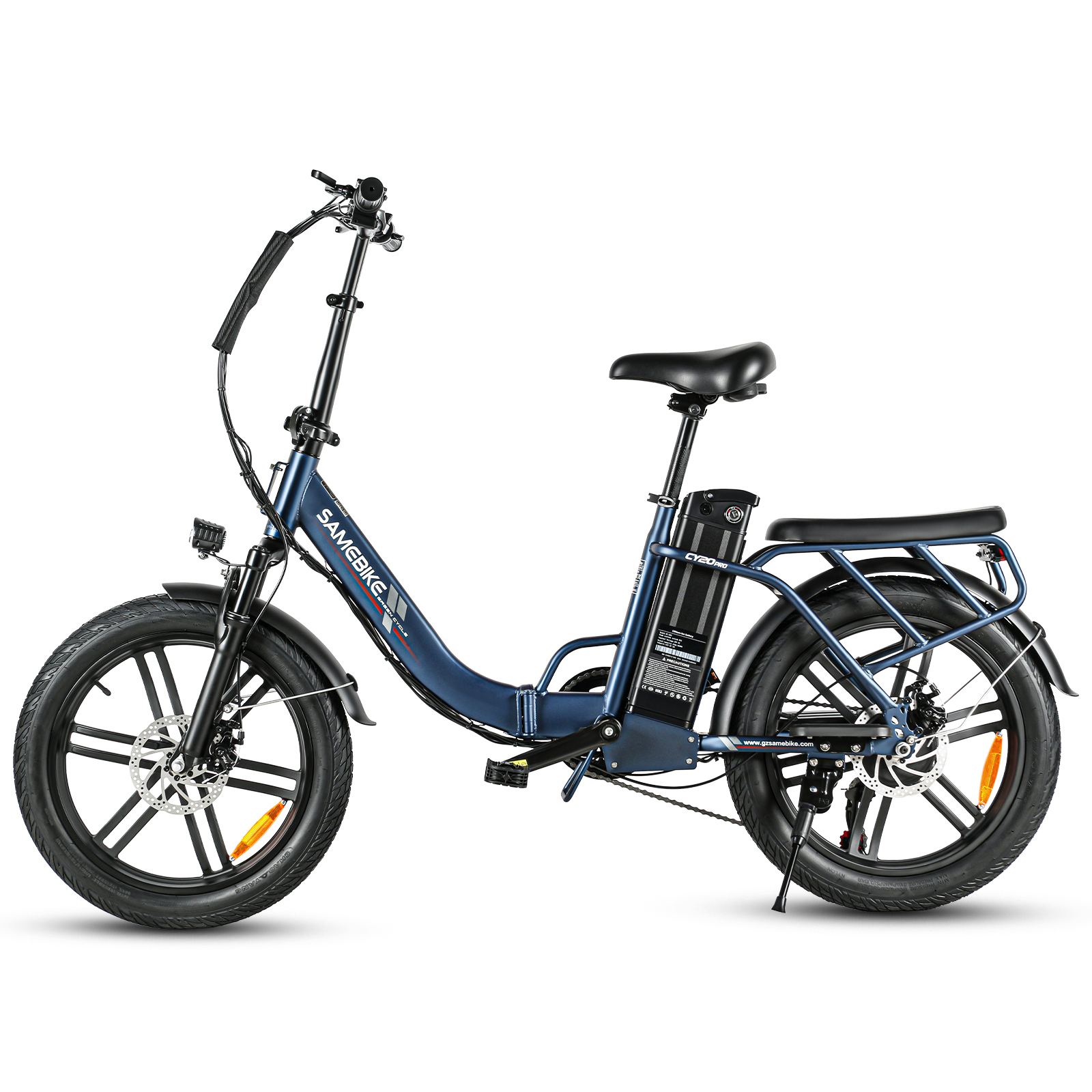 Niebieski składany rower elektryczny z czarnymi oponami, siedzeniem i bagażnikiem.