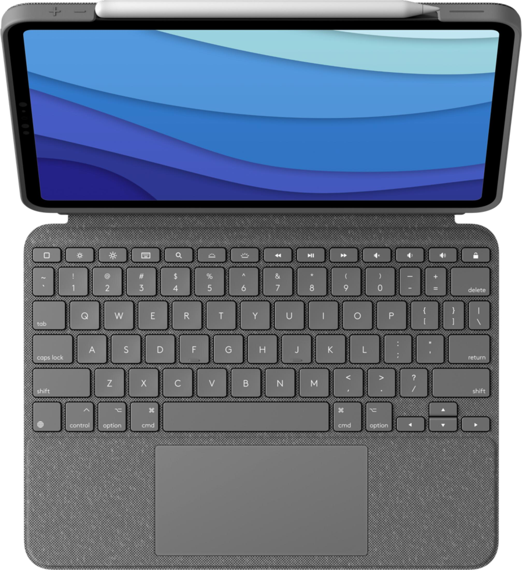 Un tablet con tastiera e stilo, che mostra uno sfondo blu ondulato.