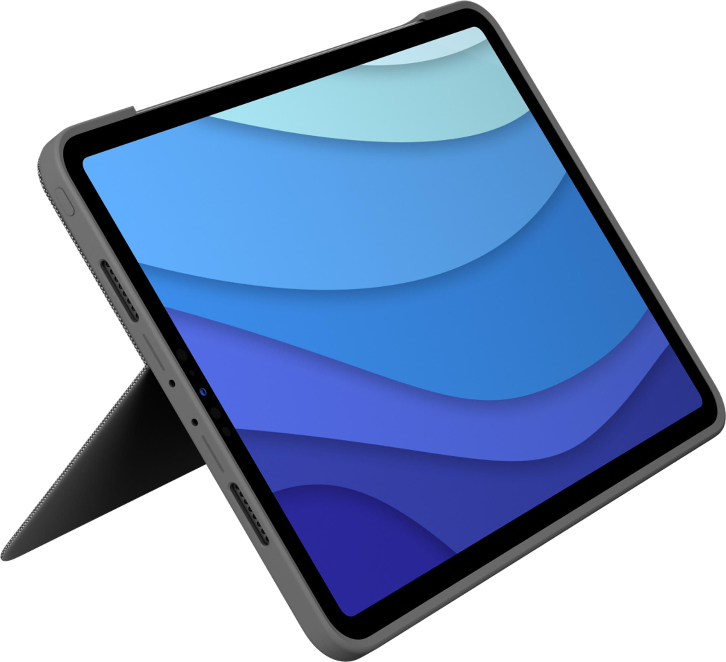 Un tablet grigio con sfondo a onde blu, in piedi su un cavalletto.