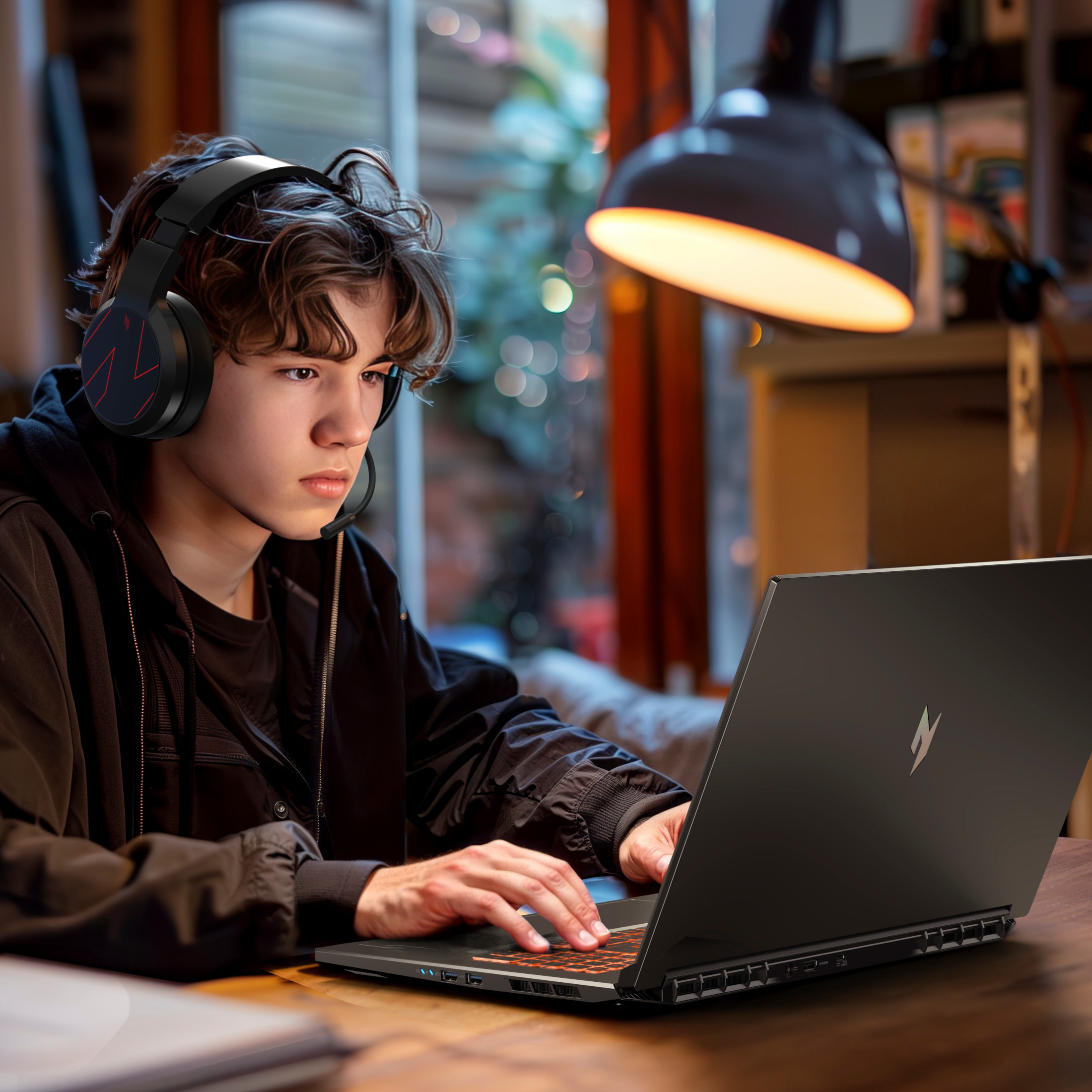 Ein Junge mit Kopfhörern spielt auf einem Laptop, der auf einem Holztisch steht.